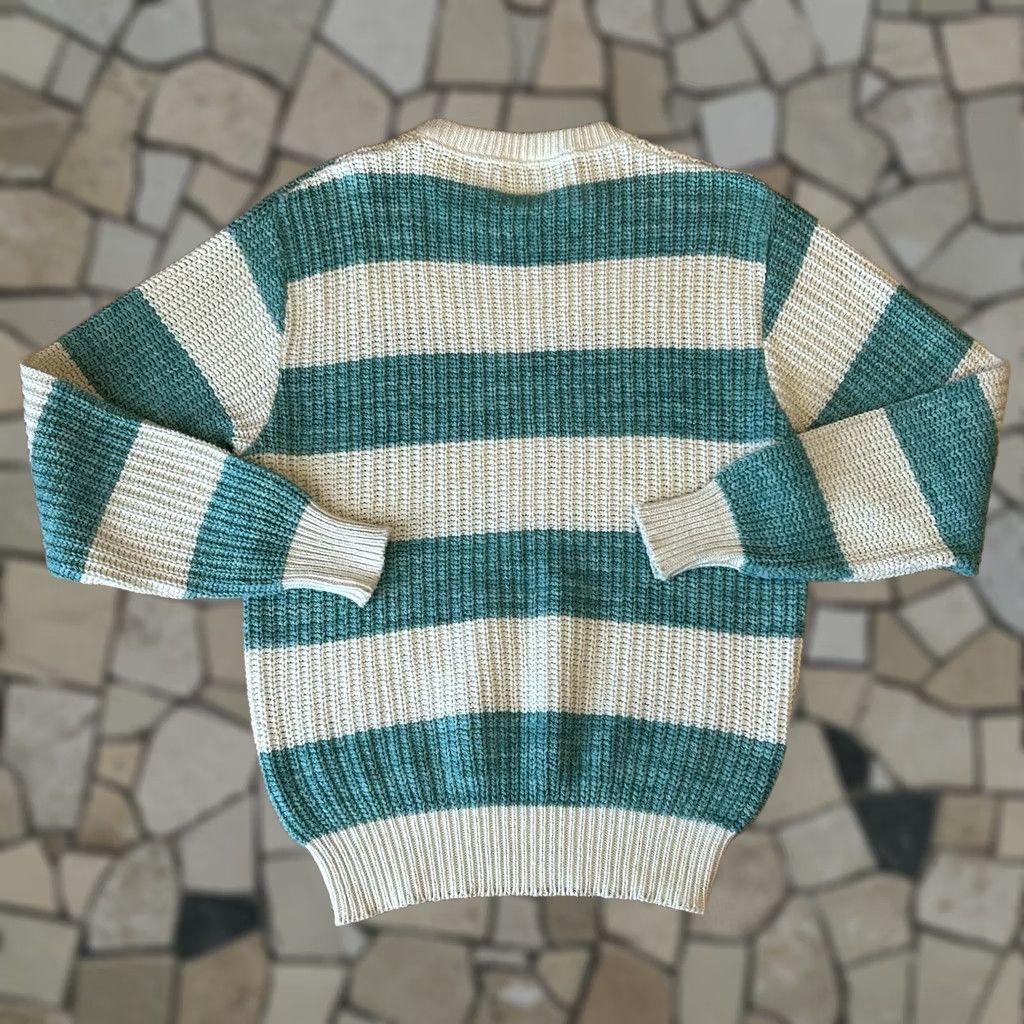 Vintage VINTAGE Woolrich Sweater Striped Chunky-Knit Women's Crew Neck Pullover Casual Winter Teal / Ivory 90s Nautical Logo Long Sleeve Size L Size L / US 10 / IT 46 - 1 Thumbnail