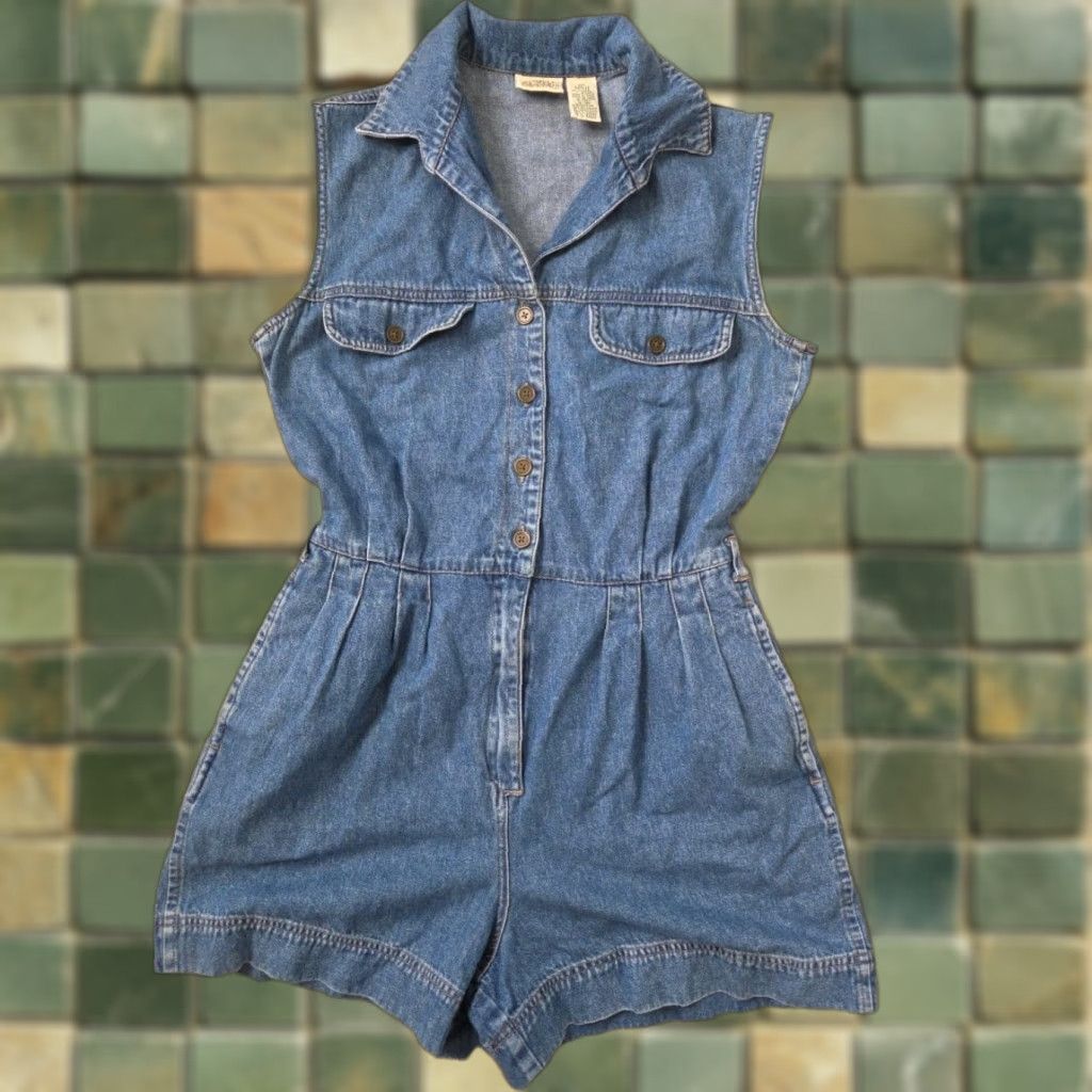 Denime VINTAGE 90s Denim Romper Womens Small Blue Sleeveless Button Up Shirt Short Tall Size S / US 4 / IT 40 - 1 Thumbnail