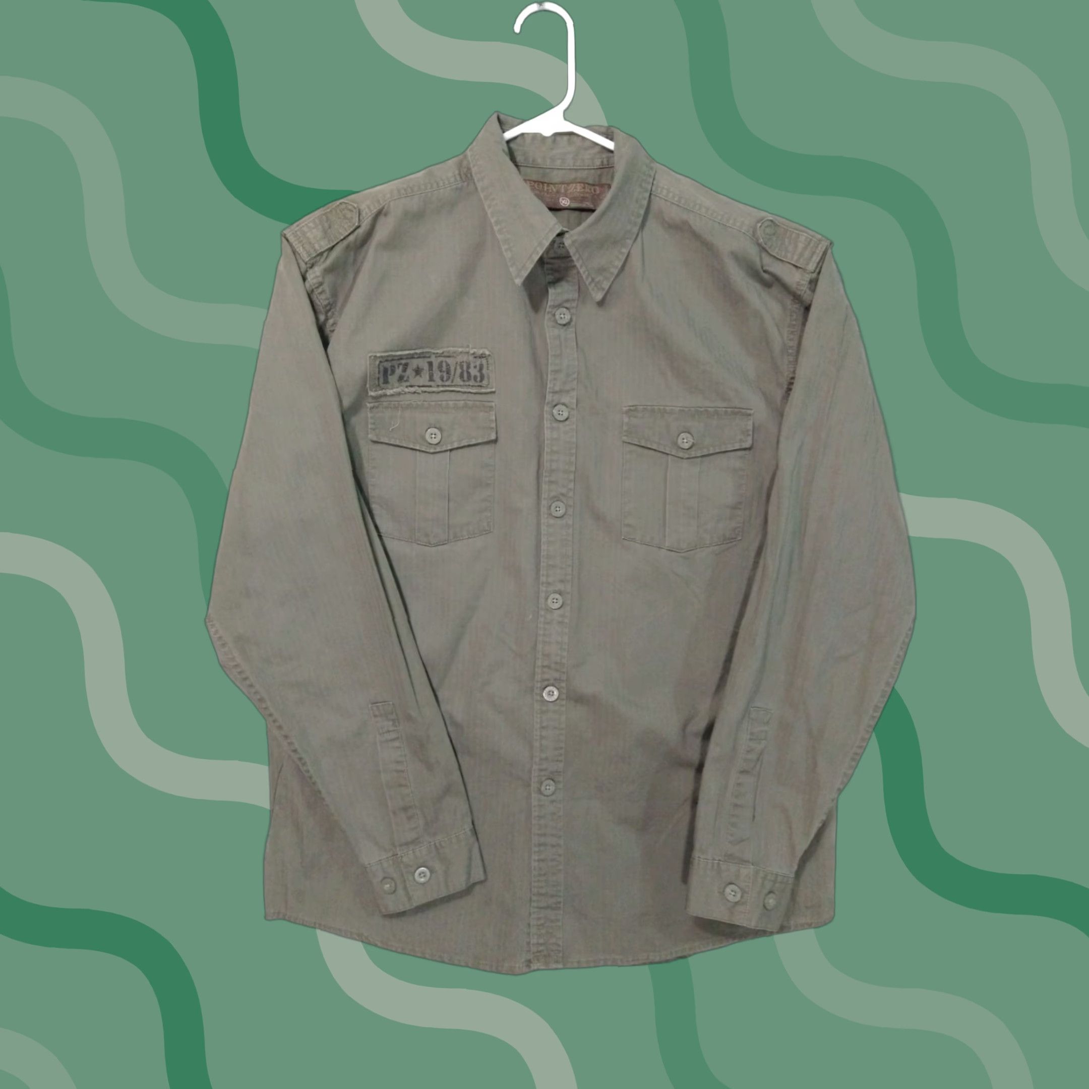 Point Zero VINTAGE Point Zero Shirt Mens XL Green Army Graphic Button Up Long Sleeve Cotton Size US XL / EU 56 / 4 - 1 Thumbnail