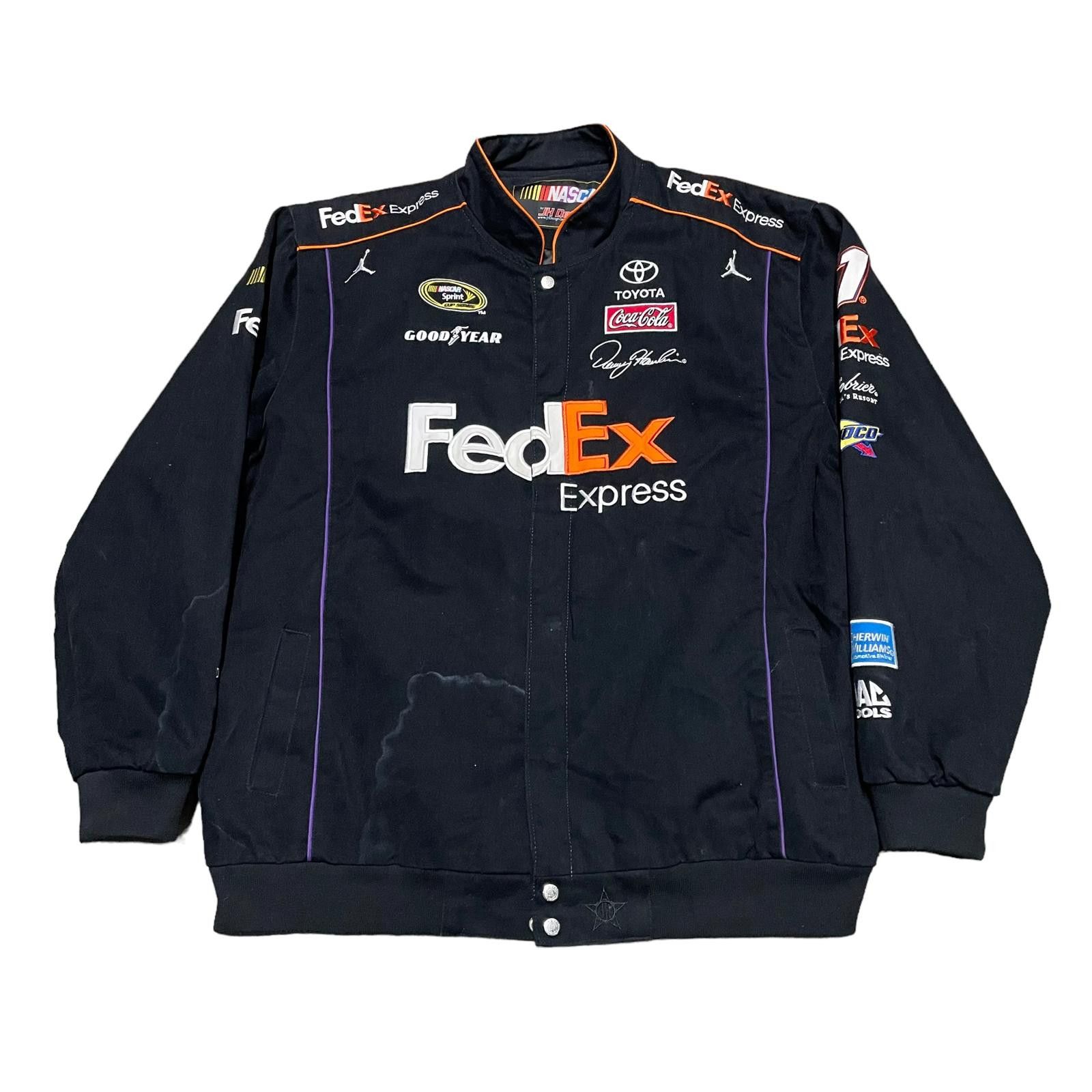 image of Designer Vintage Racing Jacket Mens Jh Design Nascar Fedex Denny in Black (Size 2XL)