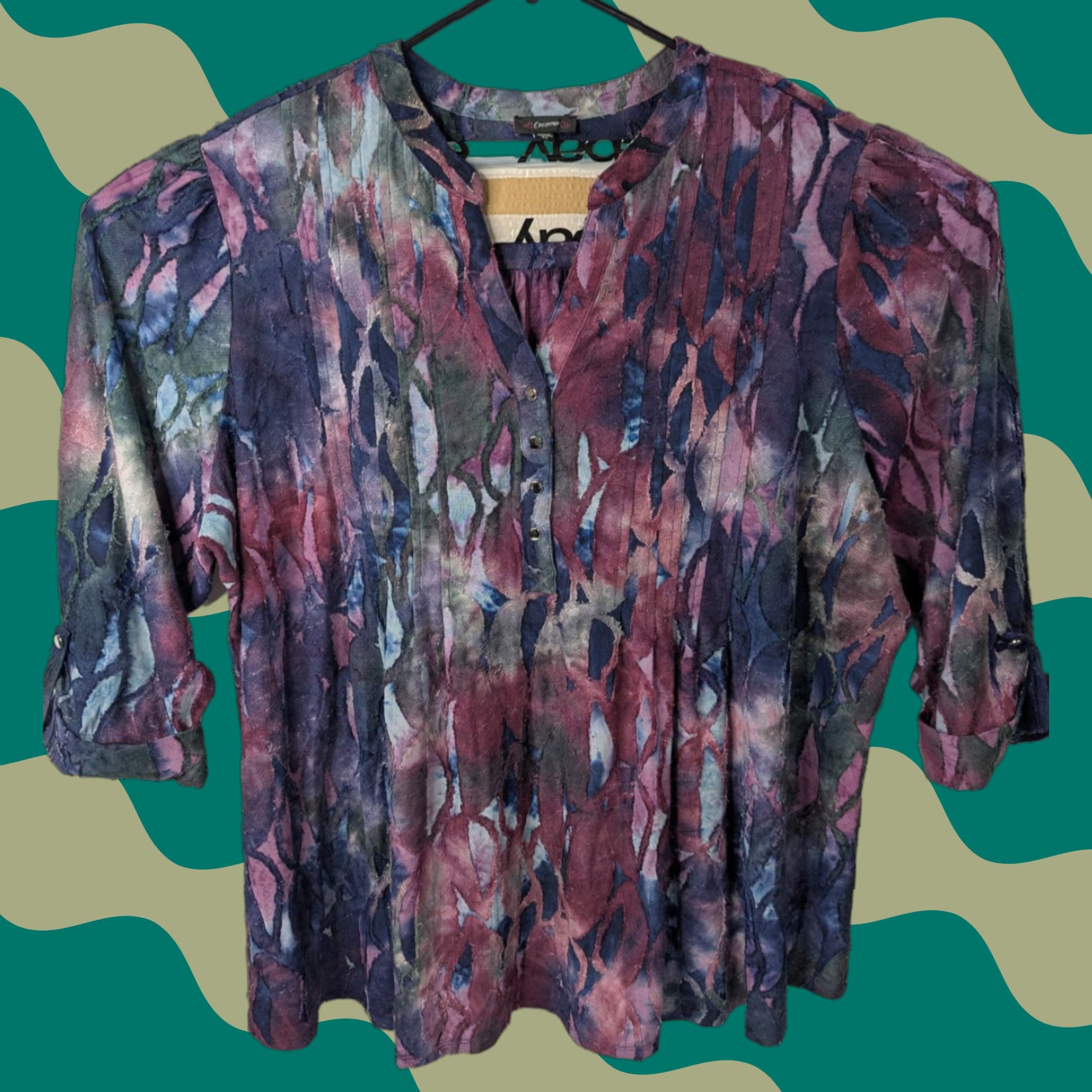 Vintage Cocomo Purple Abstract 3/4 Roll Tab Sleeve Button Top V-Neck Henley 5X Plus Size Women Blouse Size XXL / US 16-18 / IT 52-54 - 1 Thumbnail