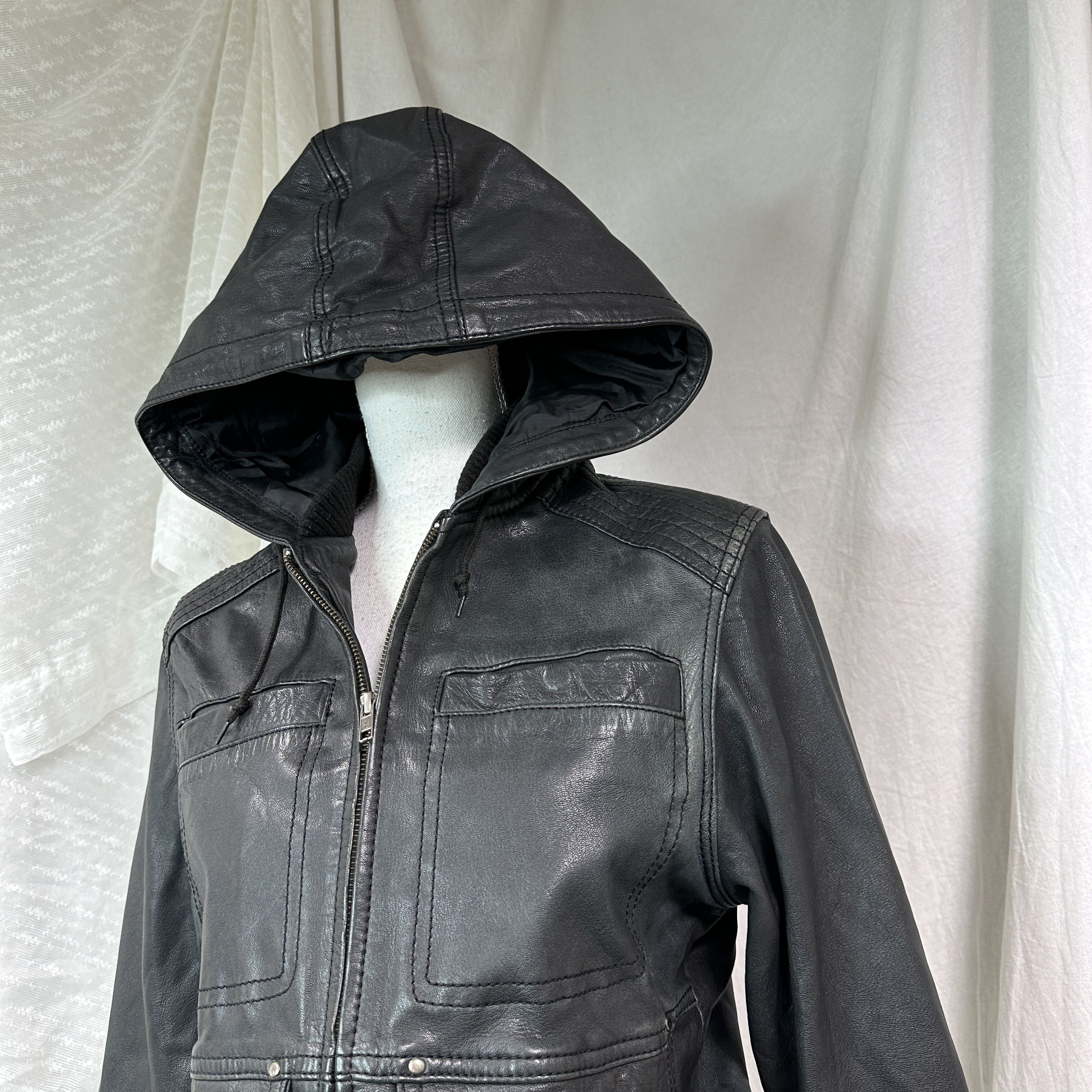Vintage Vintage Leather Grunge Biker Moto Hooded Jacket 00s Size S / US 4 / IT 40 - 6 Thumbnail