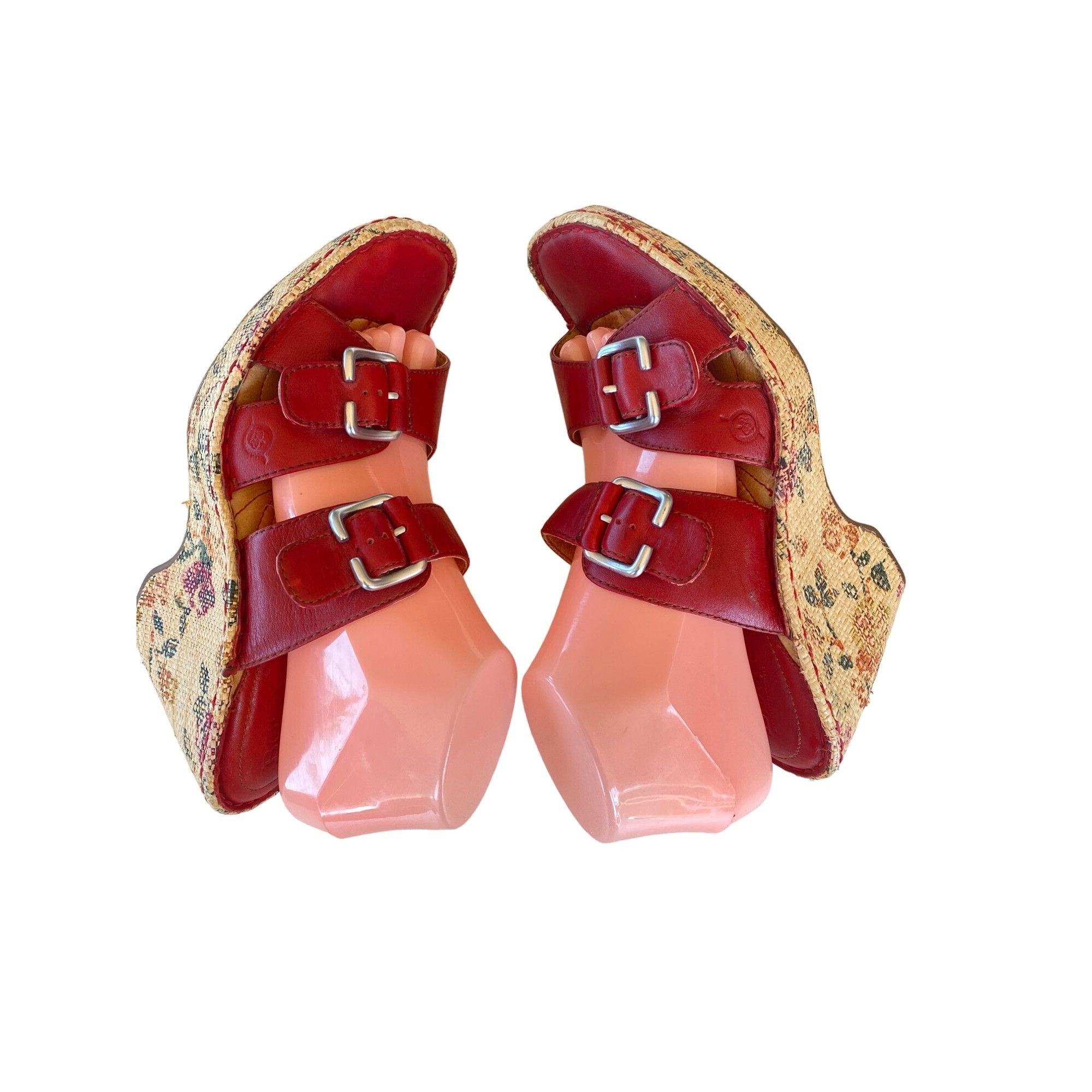 Other Born Red Leather Buckle Slip On Floral Wedge Sandals Women's Size US 9 / IT 39 - 3 Thumbnail