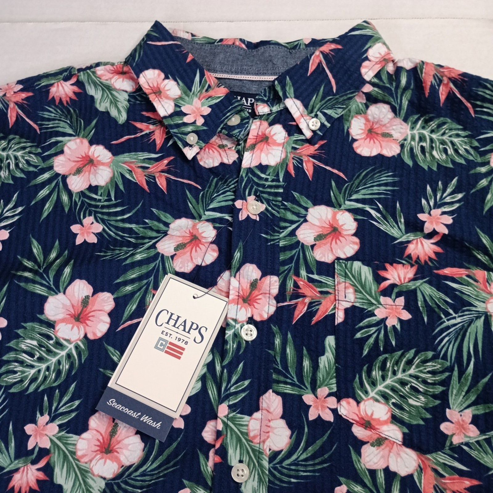 Chaps Chaps Floral Seersucker Woven Shirt Men's M Nantucket Navy Size US M / EU 48-50 / 2 - 2 Thumbnail