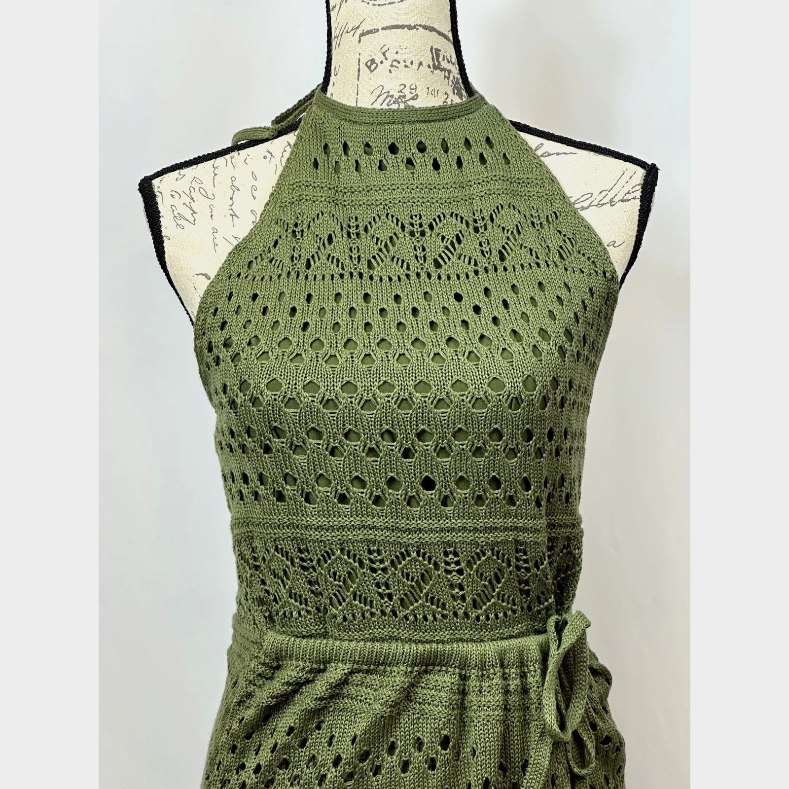 Other Lulu's Blissful Strolls Crochet Wrap Halter Midi Olive L Size L / US 10 / IT 46 - 12 Thumbnail