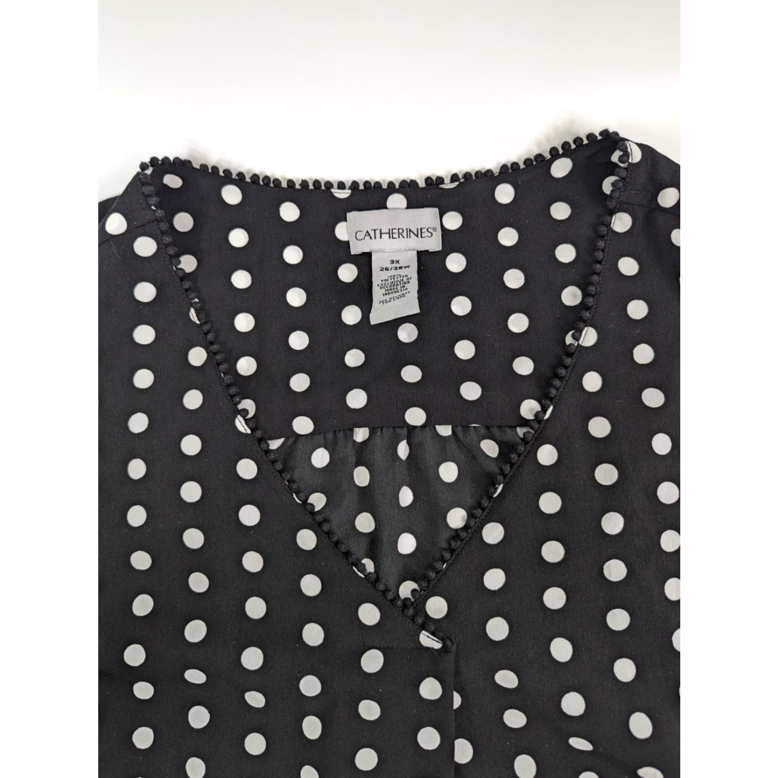 Vintage Catherines Blouse Womens Black White Polka Dots 3X Polyester Tie Sleeve V-Neck Pullover 3/4 Sleeve Plus Size XXL / US 16-18 / IT 52-54 - 7 Thumbnail