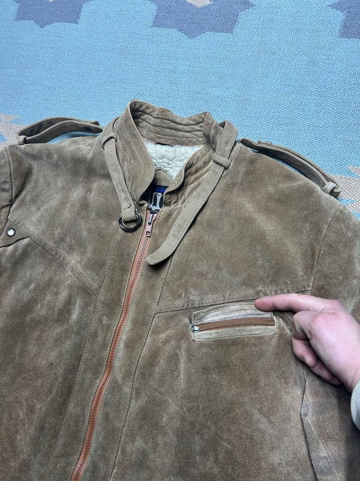 Vintage 80s suede leather bomber jacket Sherpa lined Oui large 44 Size US L / EU 52-54 / 3 - 6 Thumbnail