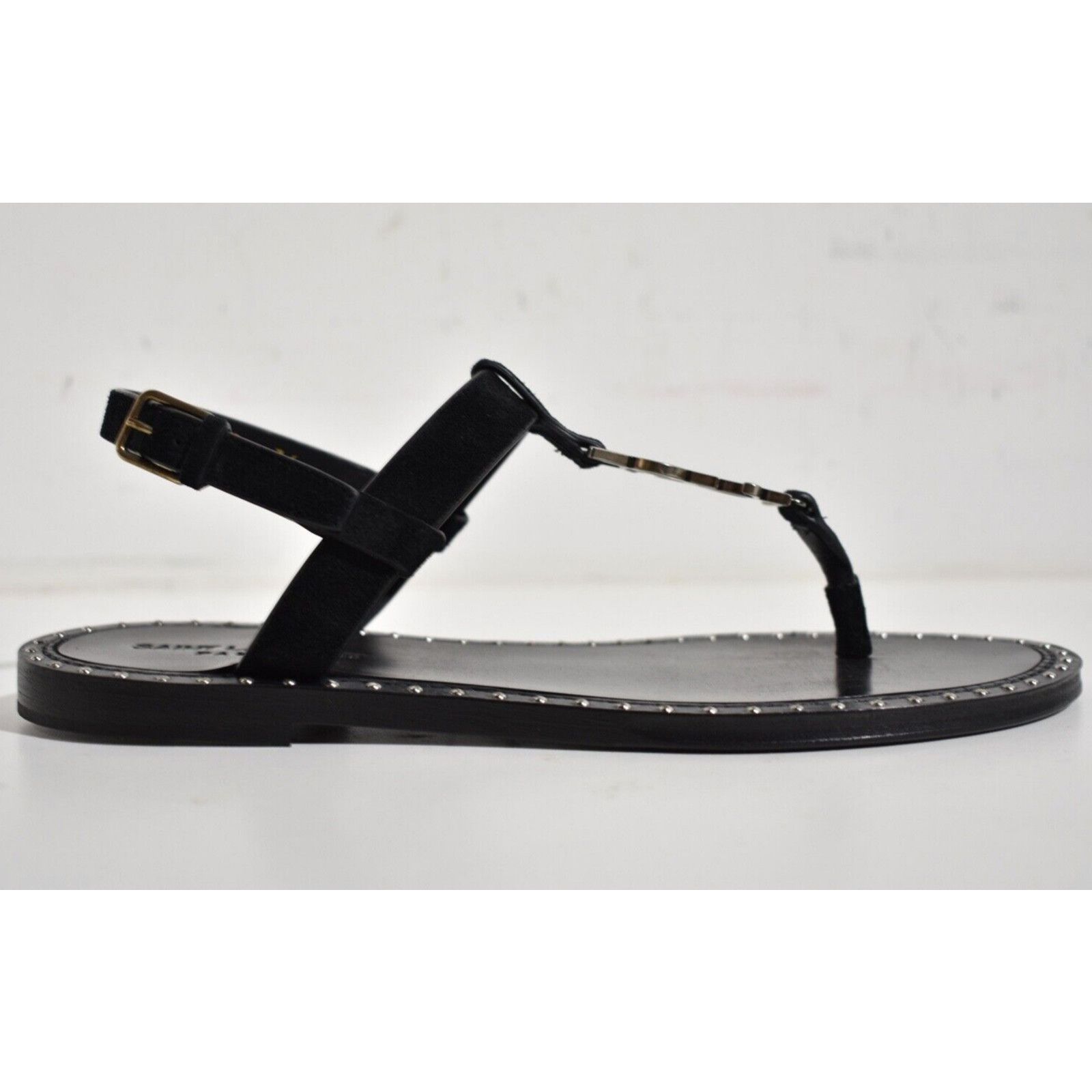 Yves Saint Laurent Saint Laurent YSL Logo Iota 05 Black Suede Studded Thong Size US 7 / IT 37 - 2 Thumbnail