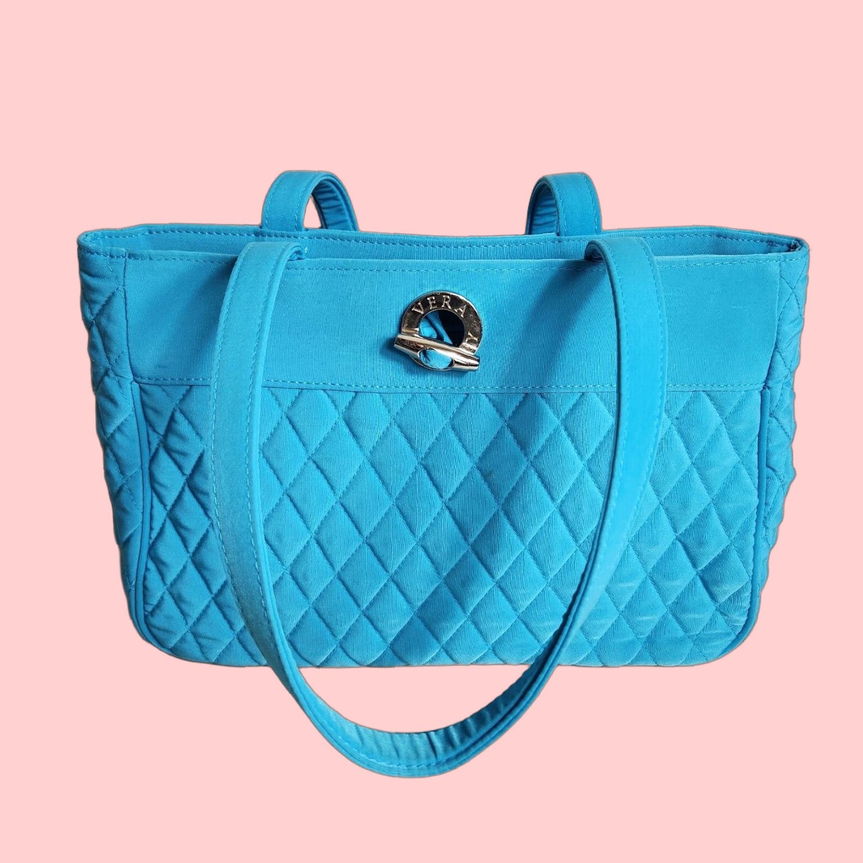 Vera Bradley Quilted Shoulder Bag Purse Medium Turquoise Blue Womens in White