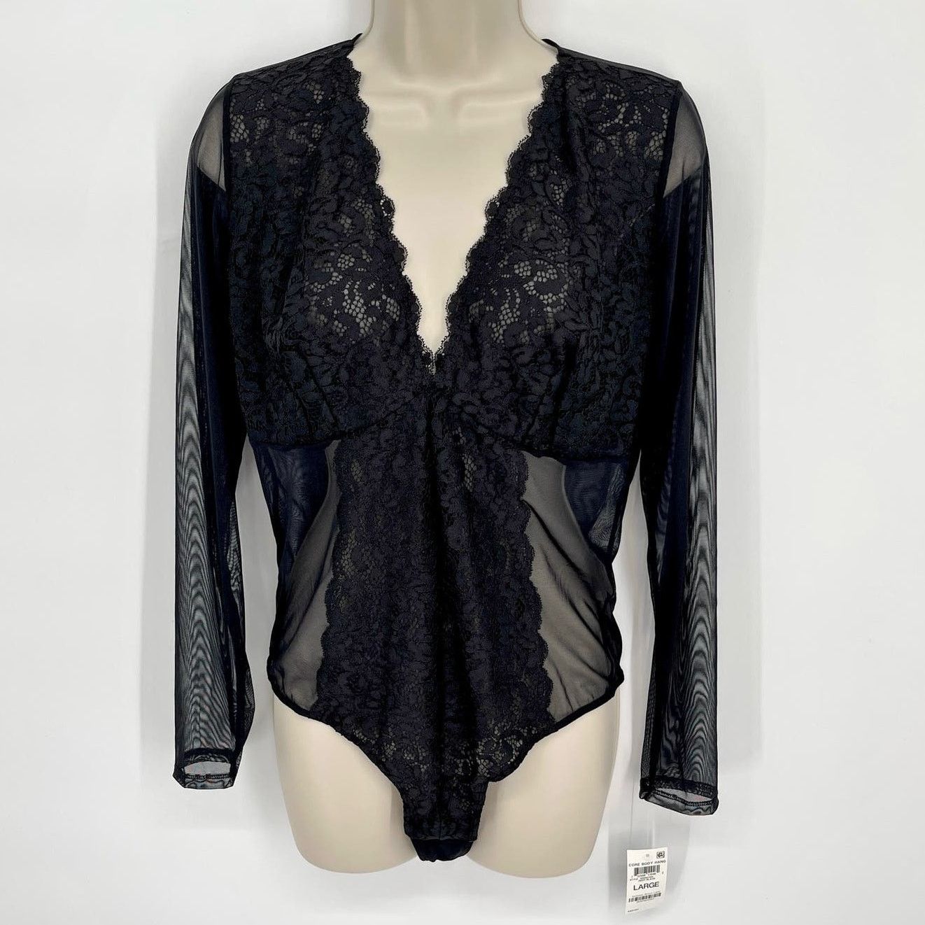 Inc New Lacey Sheer Thong Bodysuit Long Sleeve L Deep Black, Women's (Size Large)
