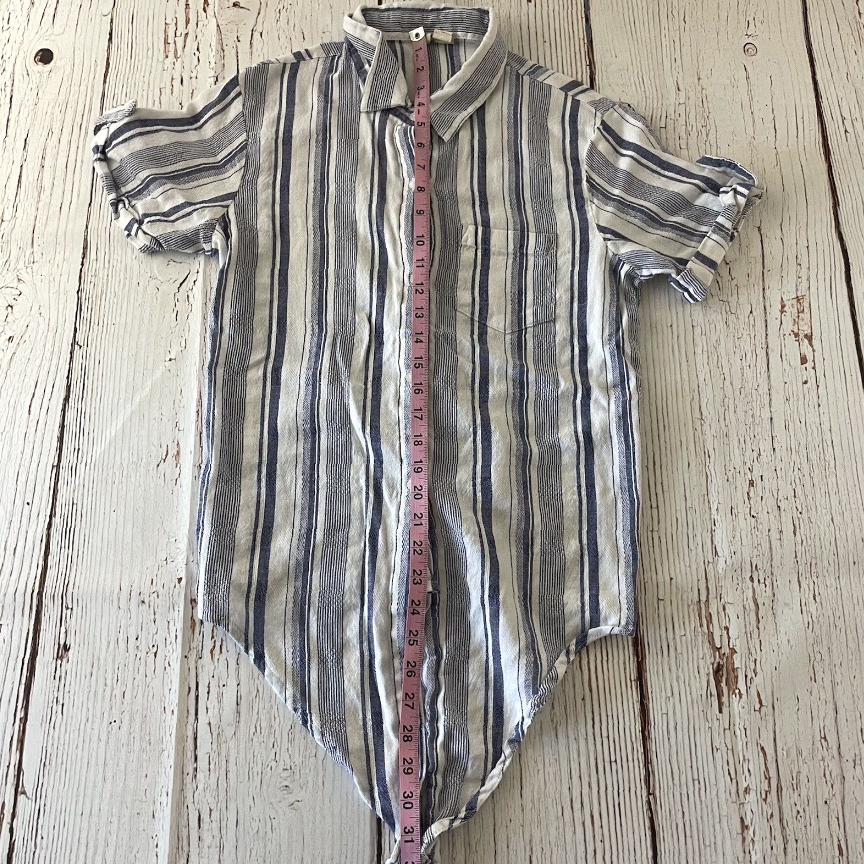 Vintage Japna Striped Tie Button Front Short Sleeve Top Women's Large Blue White Size L / US 10 / IT 46 - 4 Thumbnail