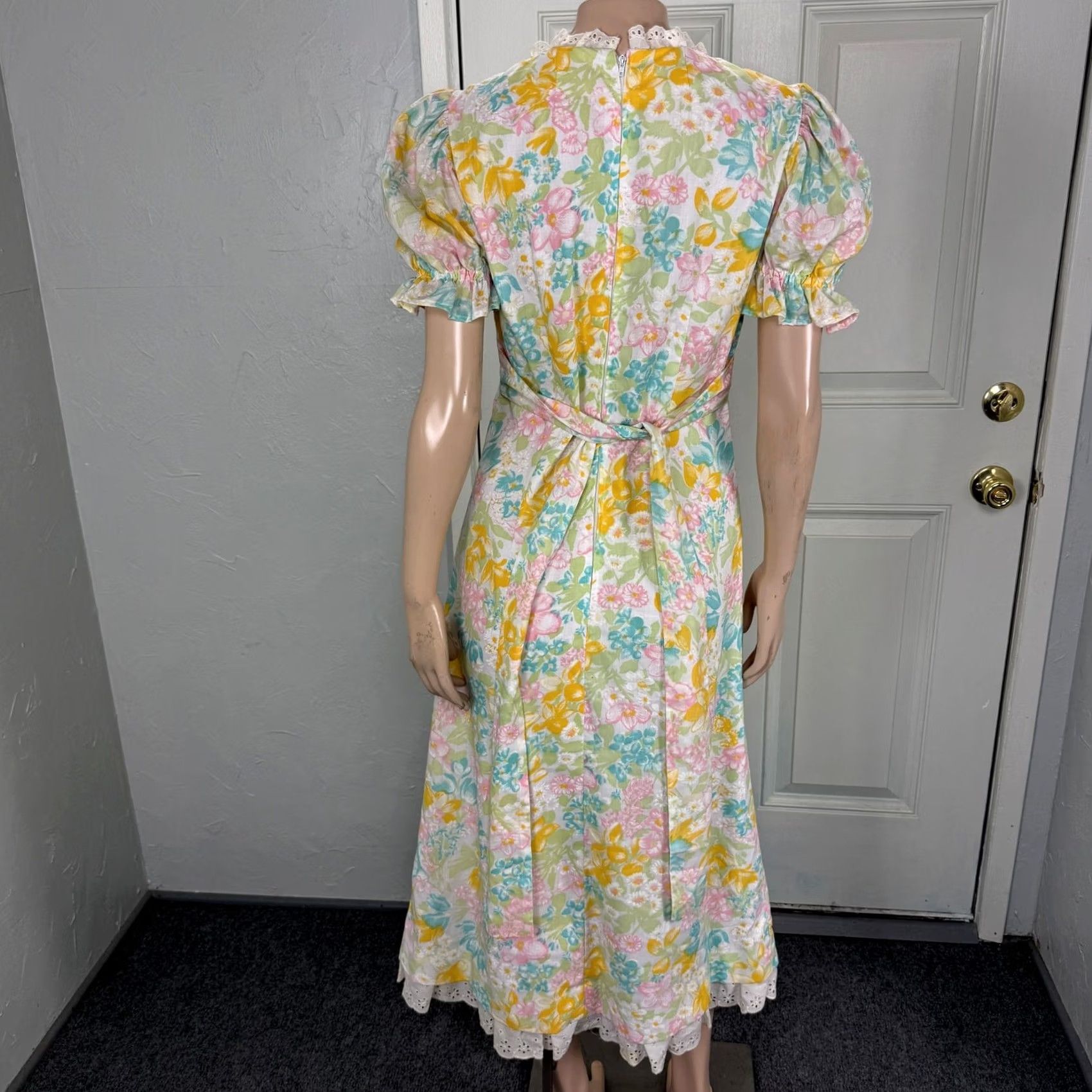 Vintage VINTAGE Handmade Women's Dress Floral Cotton Prairie Lace Cottage 70s Tea Dress Bohemian Yellow One Size Regular Dress Women Size ONE SIZE - 4 Thumbnail