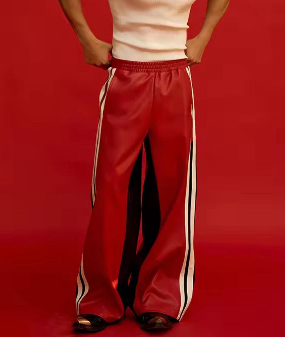 Japanese Brand Red PU Leather Wide-Leg Pants with Stripes Size US 33 - 6 Thumbnail