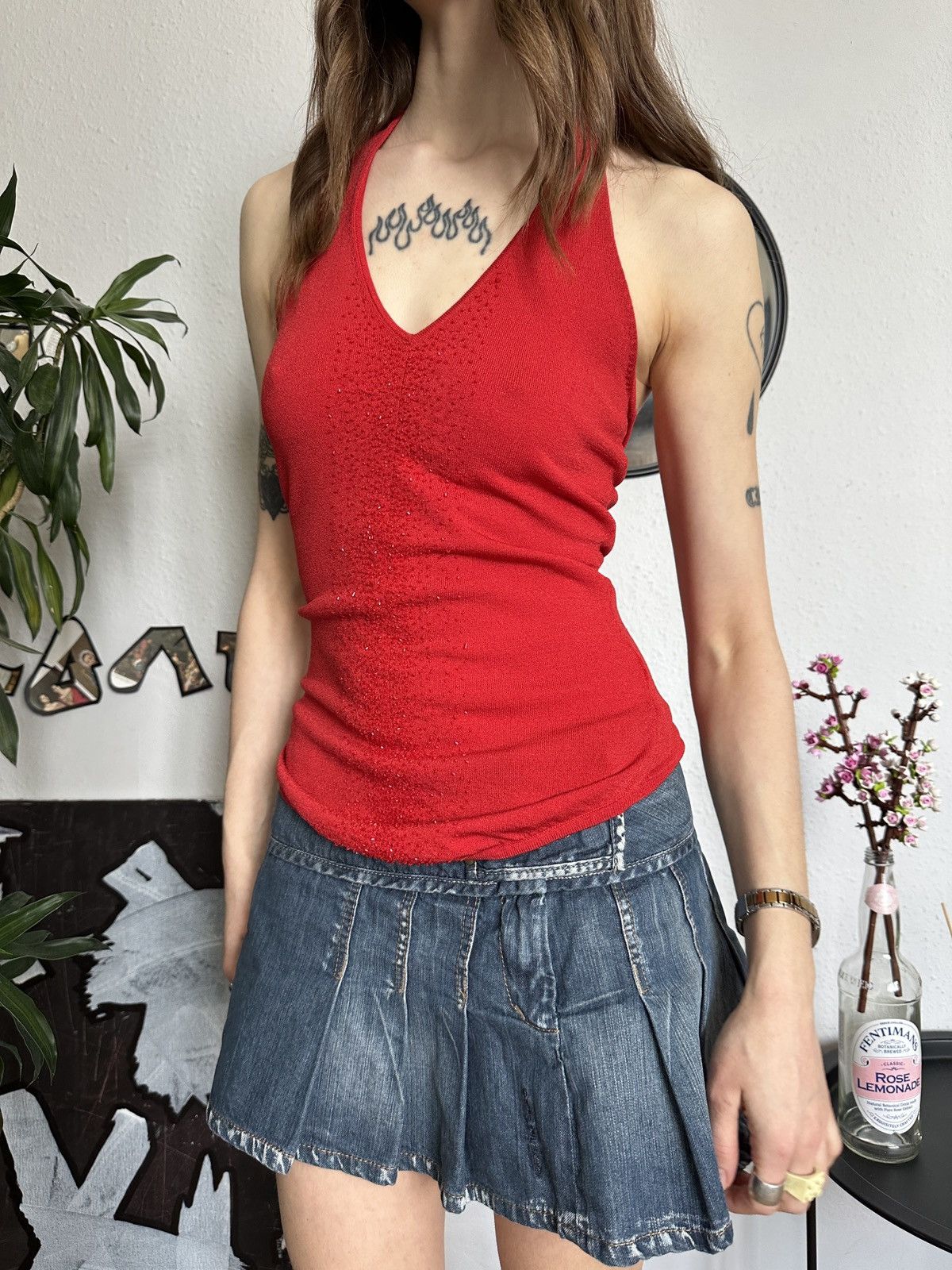 Vintage Halter Slim Beaded Sheath Sexy Red Crop Top y2k Size M / US 6-8 / IT 42-44 - 2 Thumbnail