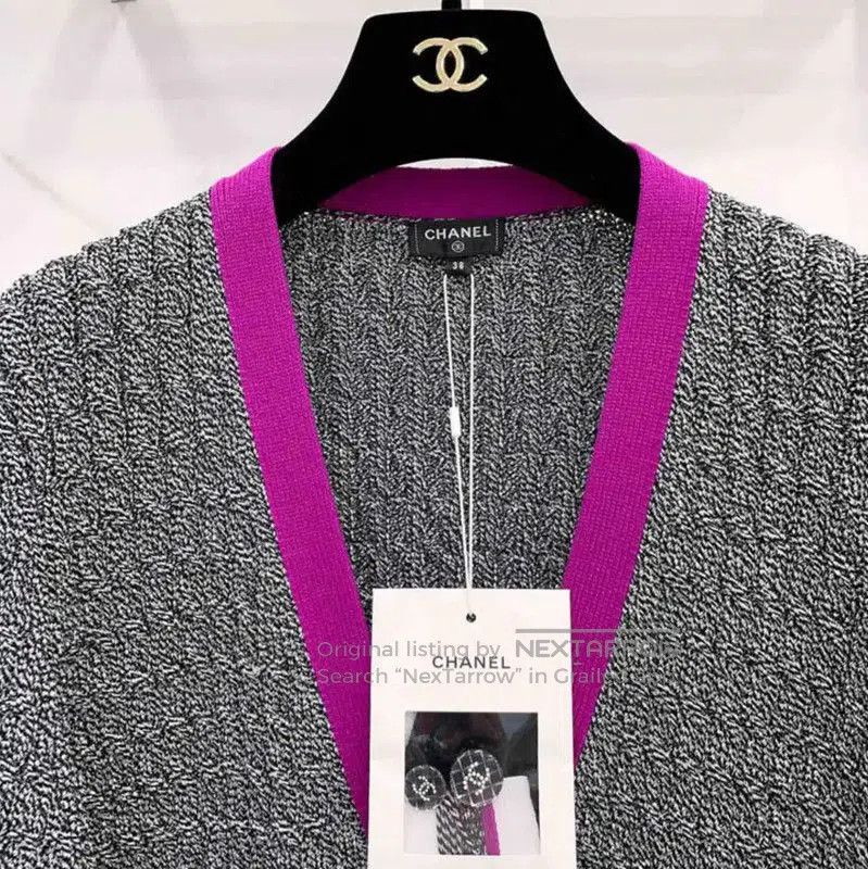 Chanel Chanel Gray Long Sleeve Cardigan with Pink Trim . Size L / US 10 / IT 46 - 3 Thumbnail