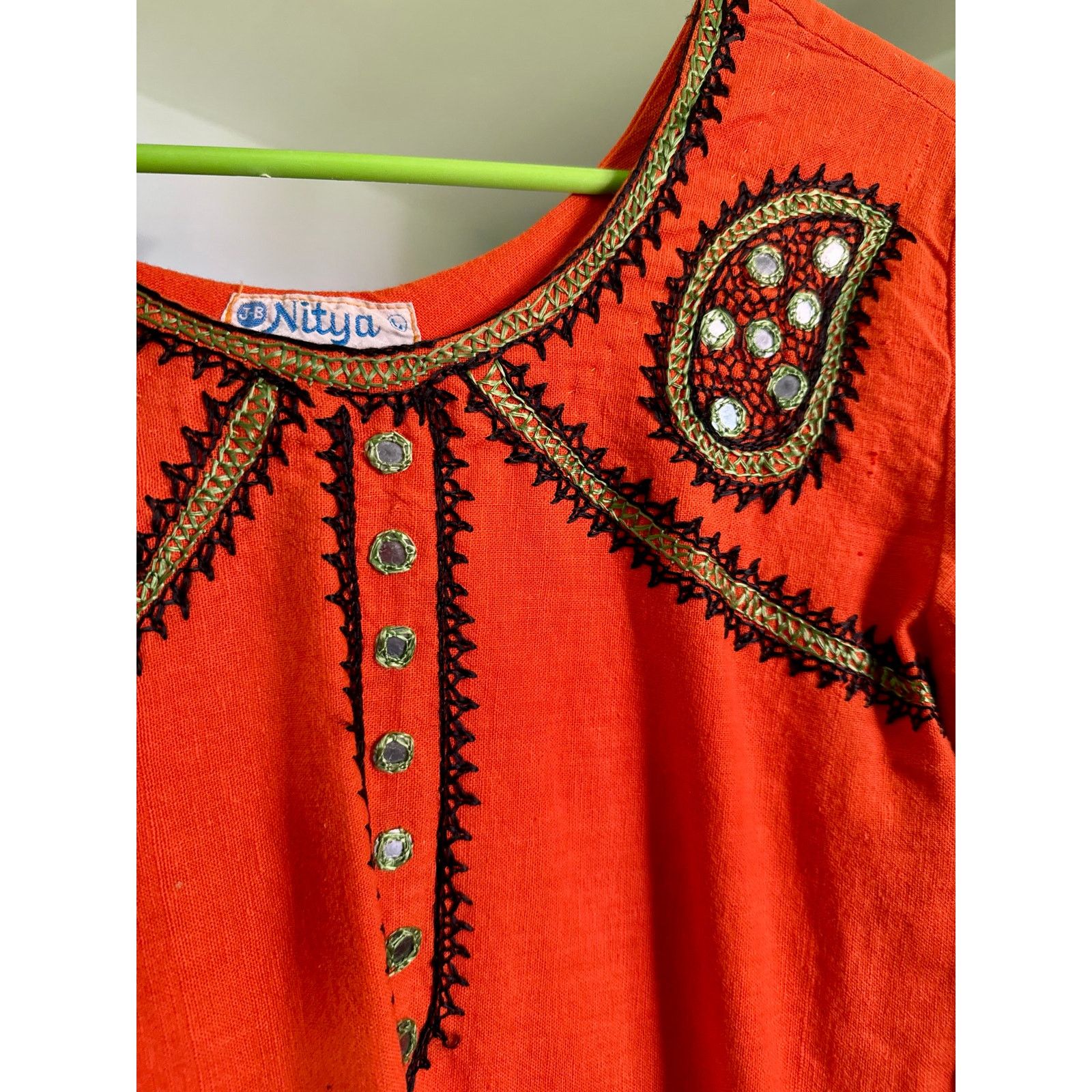 Vintage Vintage 70s Nitya Orange Green Mirror Kaftan Dress XS Small Size S / US 4 / IT 40 - 6 Thumbnail
