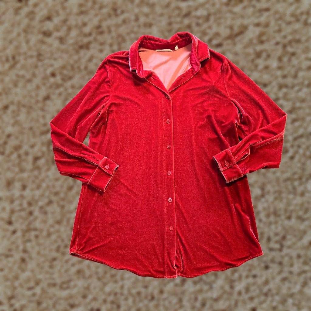 Soft Surroundings Soft Surroundings Top Womens Size Large Red Velour Button Up Long Sleeve Casual Blouse Size L / US 10 / IT 46 - 1 Thumbnail