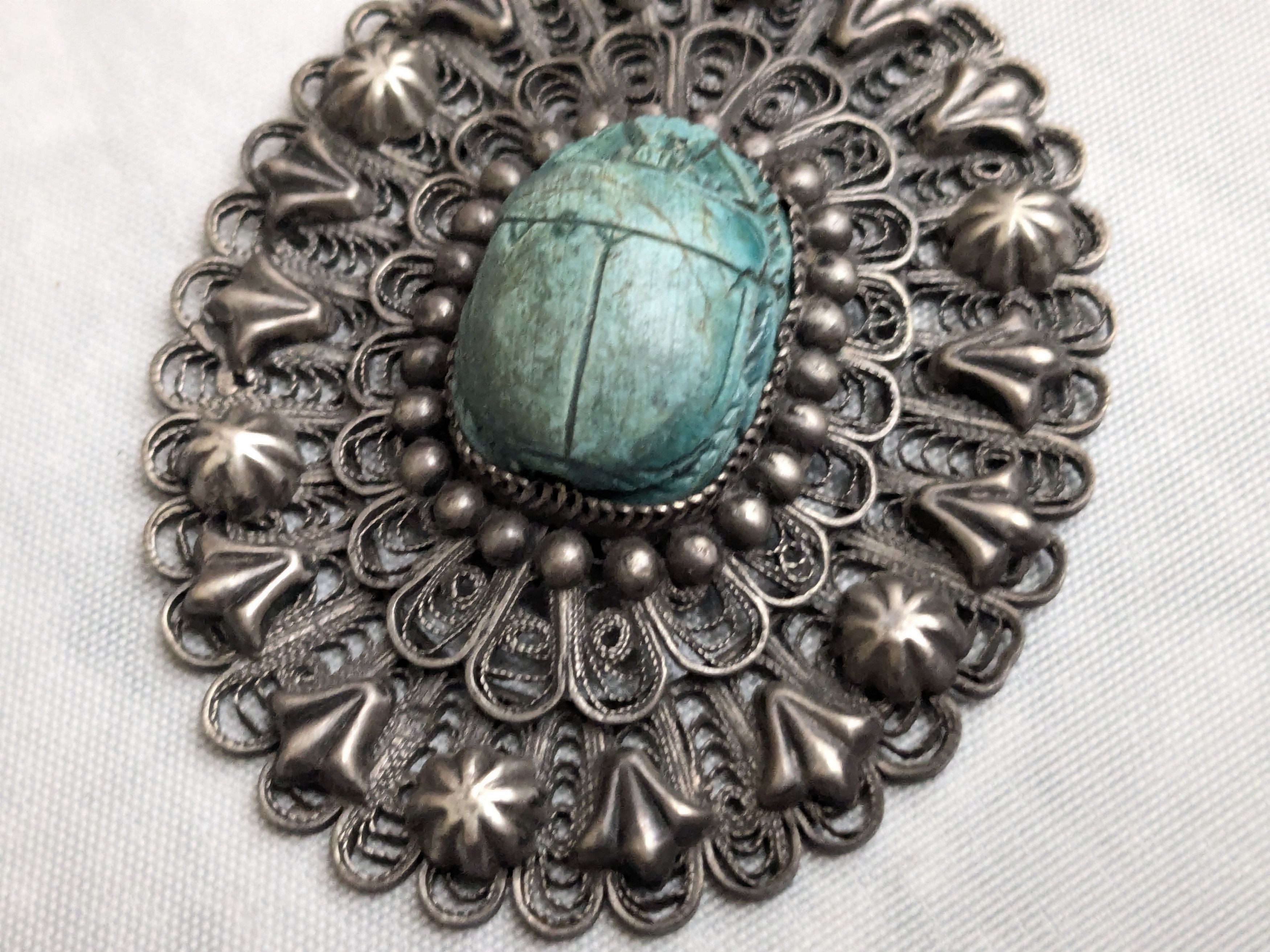 Jewelry Egyptian Silver Scarab Pendant Filigree Faience Blue Oval Size ONE SIZE - 7 Thumbnail