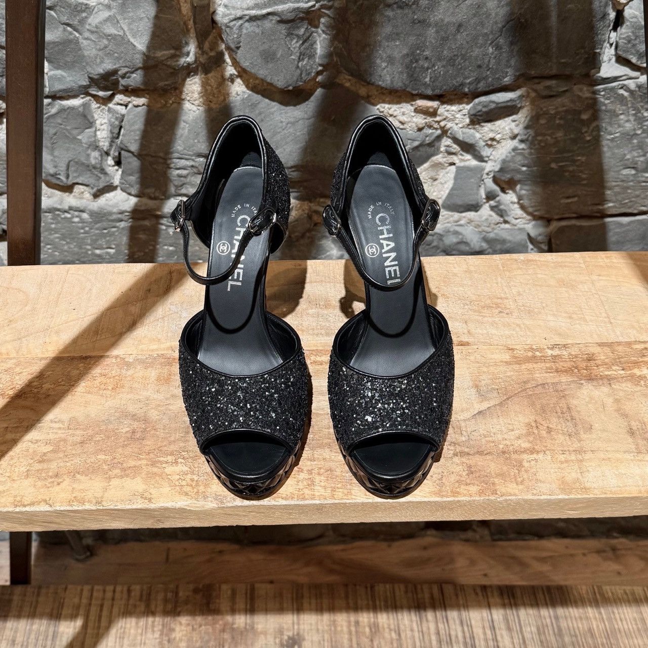 Chanel Chanel 2021 Black Glitter Platform Peep Toe Pumps Size US 8.5 / IT 38.5 - 4 Thumbnail