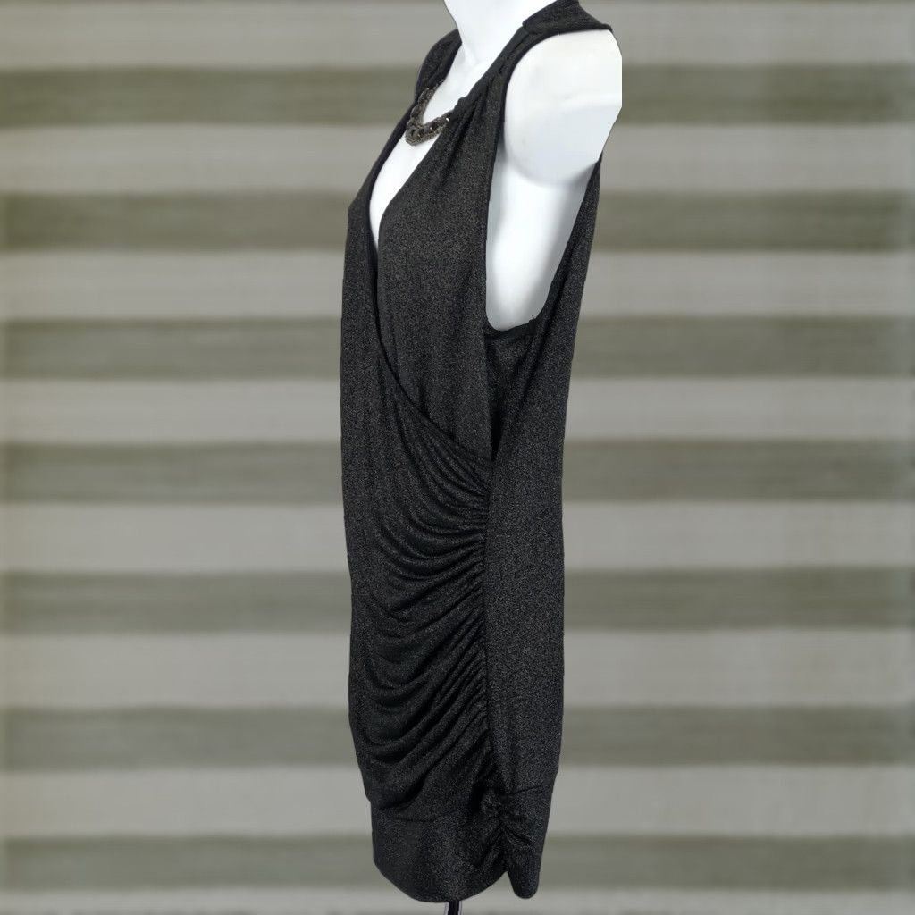 Vintage Vtg Draped mini dress L Jrs Blk Glitter Sleeveless Plunge Surplice Beads Chain Size L / US 10 / IT 46 - 1 Thumbnail