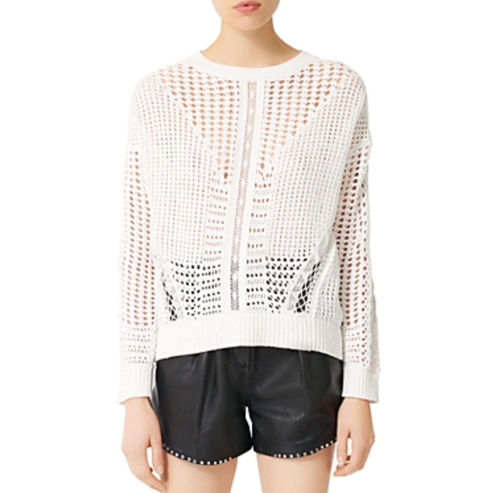 Maje Maje Women Mazet Open-Knitwork Cotton Sweater White Size 1/S Size S / US 4 / IT 40 - 1 Thumbnail