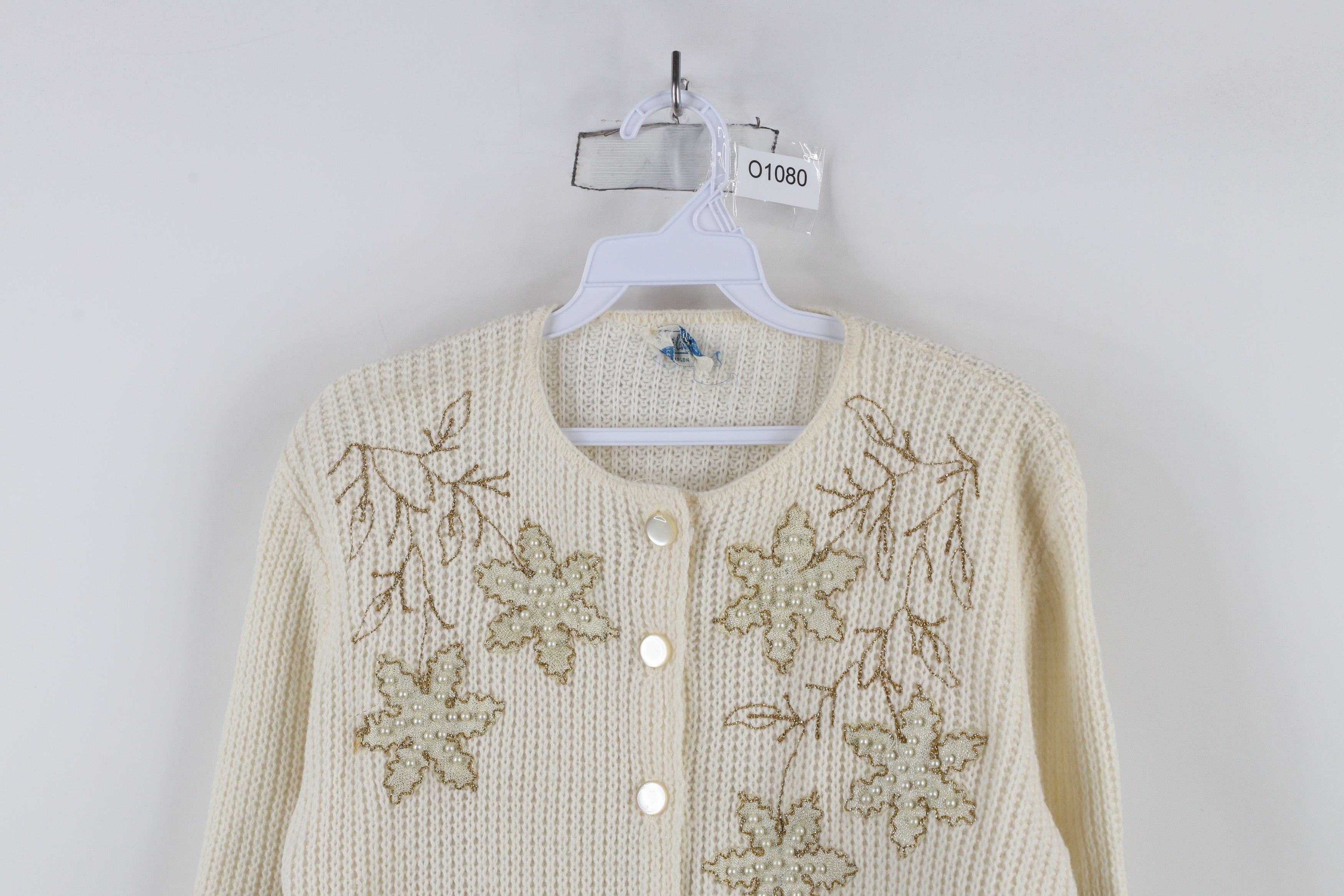 Vintage Vintage 50s 60s Rockabilly Leaf Ribbed Knit Cardigan Sweater Size M / US 6-8 / IT 42-44 - 2 Thumbnail