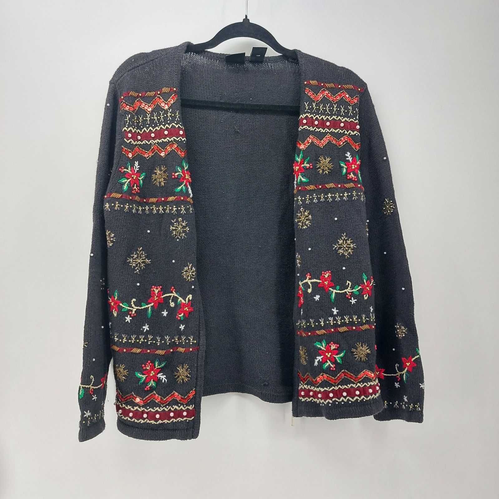 Other Erika PM Ugly Christmas Sweater Cardigan Black Poinsettia Size M / US 6-8 / IT 42-44 - 9 Thumbnail