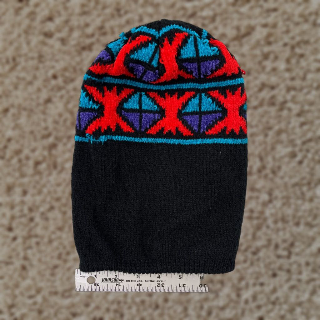 Vintage Geometric Knit Beanie Toque Womens One Size Black Acrylic Ski Size ONE SIZE - 1 Thumbnail