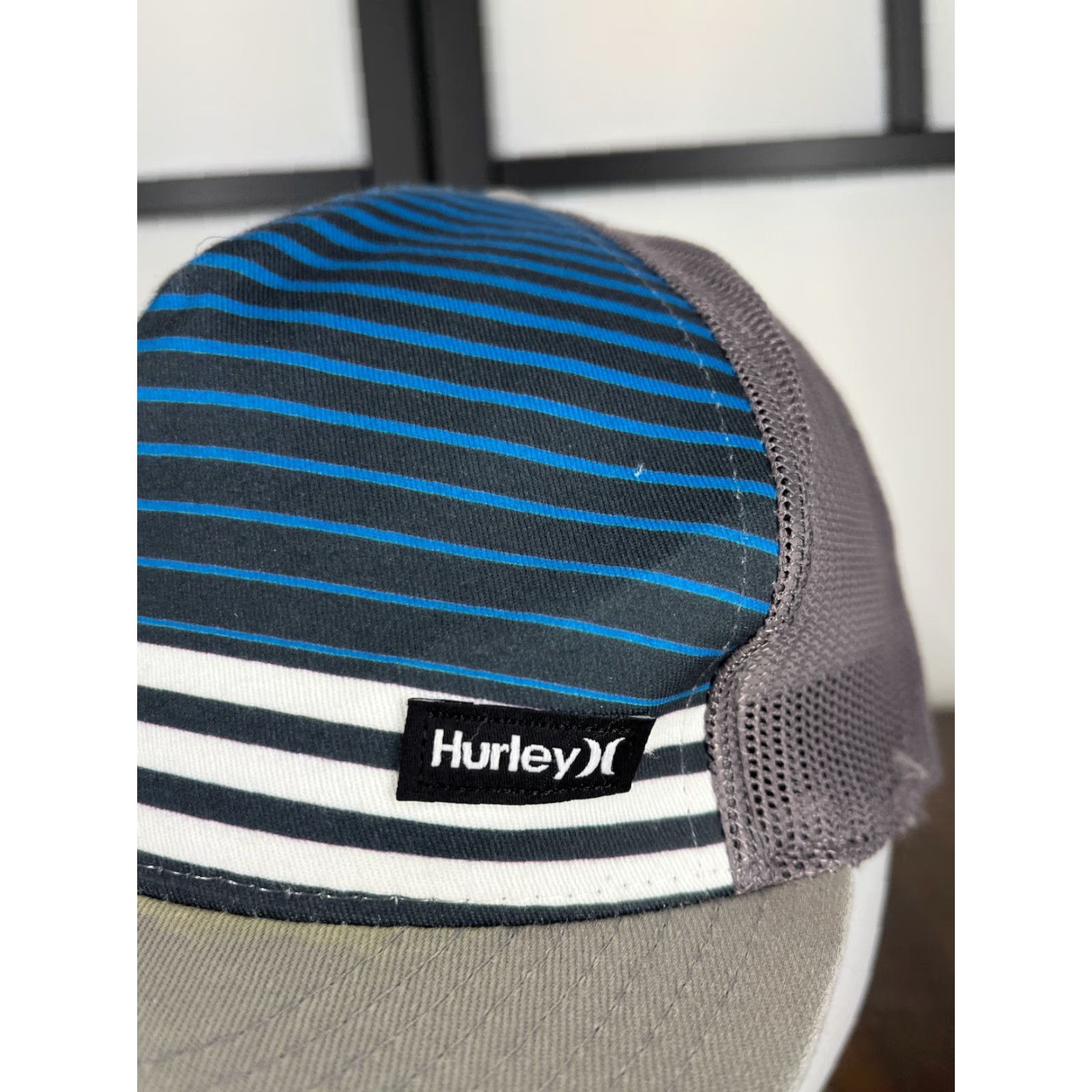 Hurley Hurley Hat Cap Slouch Trucker Adult One Size Blue Gray Stripe Nylon Polyester Adj Adjustable Mens Sports Beach Style 90s? Size ONE SIZE - 2 Thumbnail
