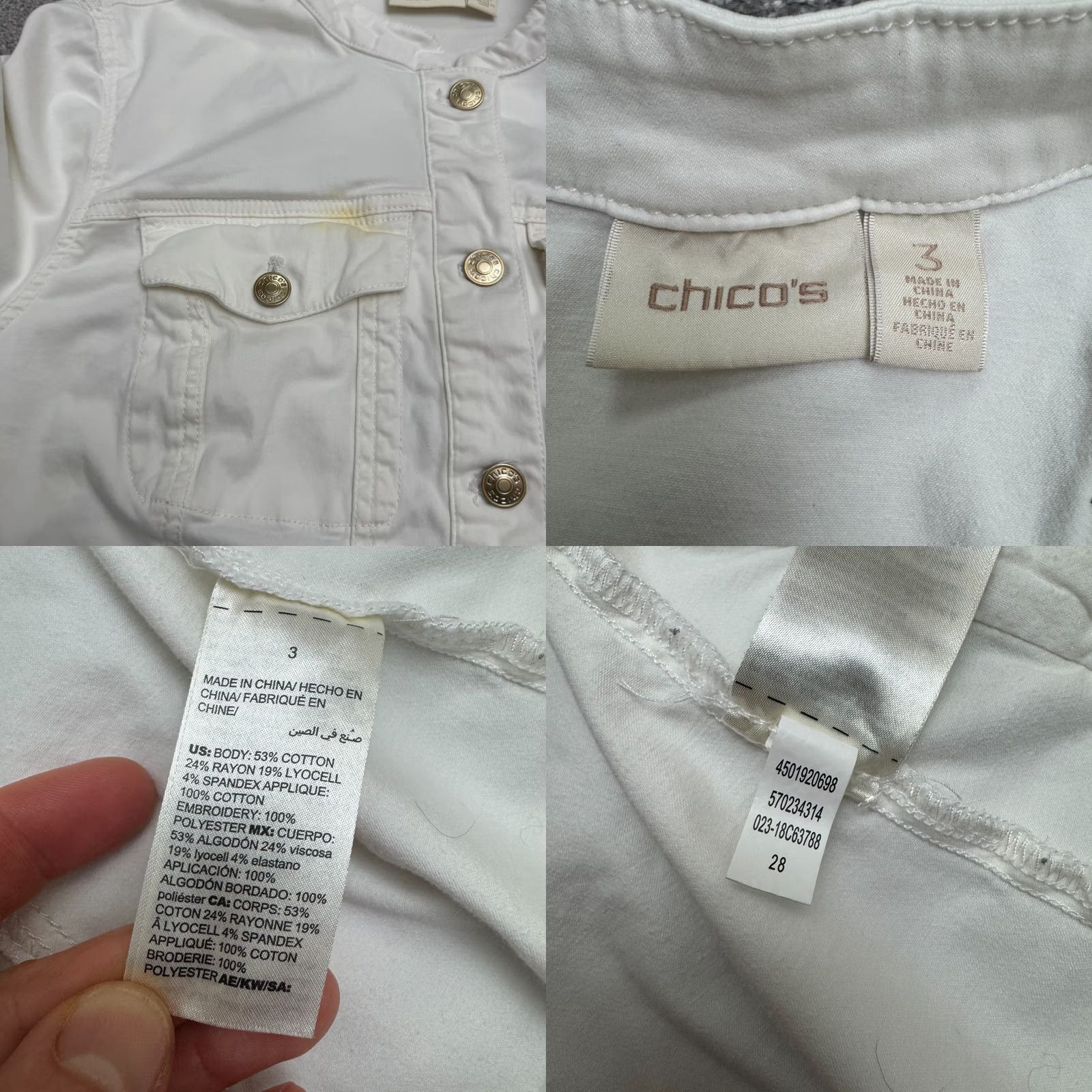 Vintage Chico's Jacket Women 3/XL White Denim Floral Embroidered Style Button Collarless Size XL / US 12-14 / IT 48-50 - 8 Thumbnail