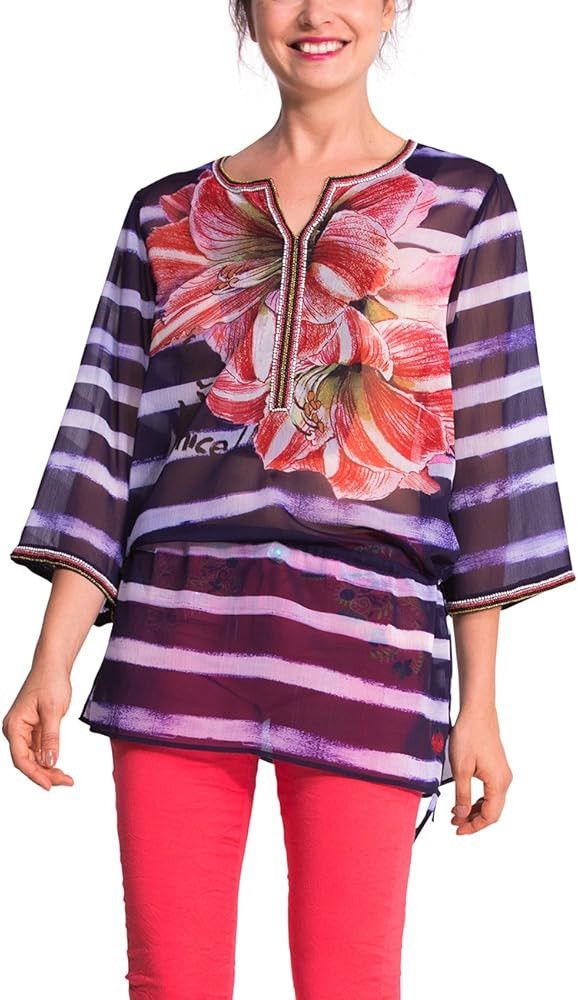 Designer × Desigual Desigual Womens Floral Purple Beaded Detail Tunic Blouse Top Size M / US 6-8 / IT 42-44 - 1 Thumbnail