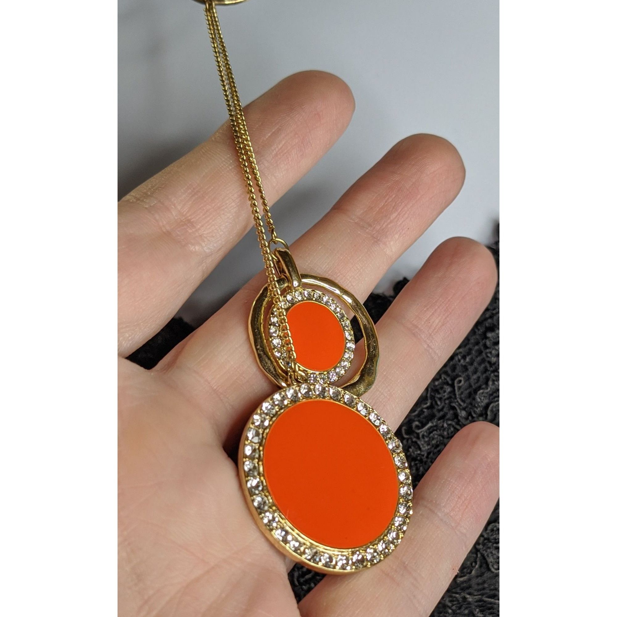 Other Retro Gold-Tone Pendant Necklace With Double Orange Enamel D Size ONE SIZE - 6 Thumbnail