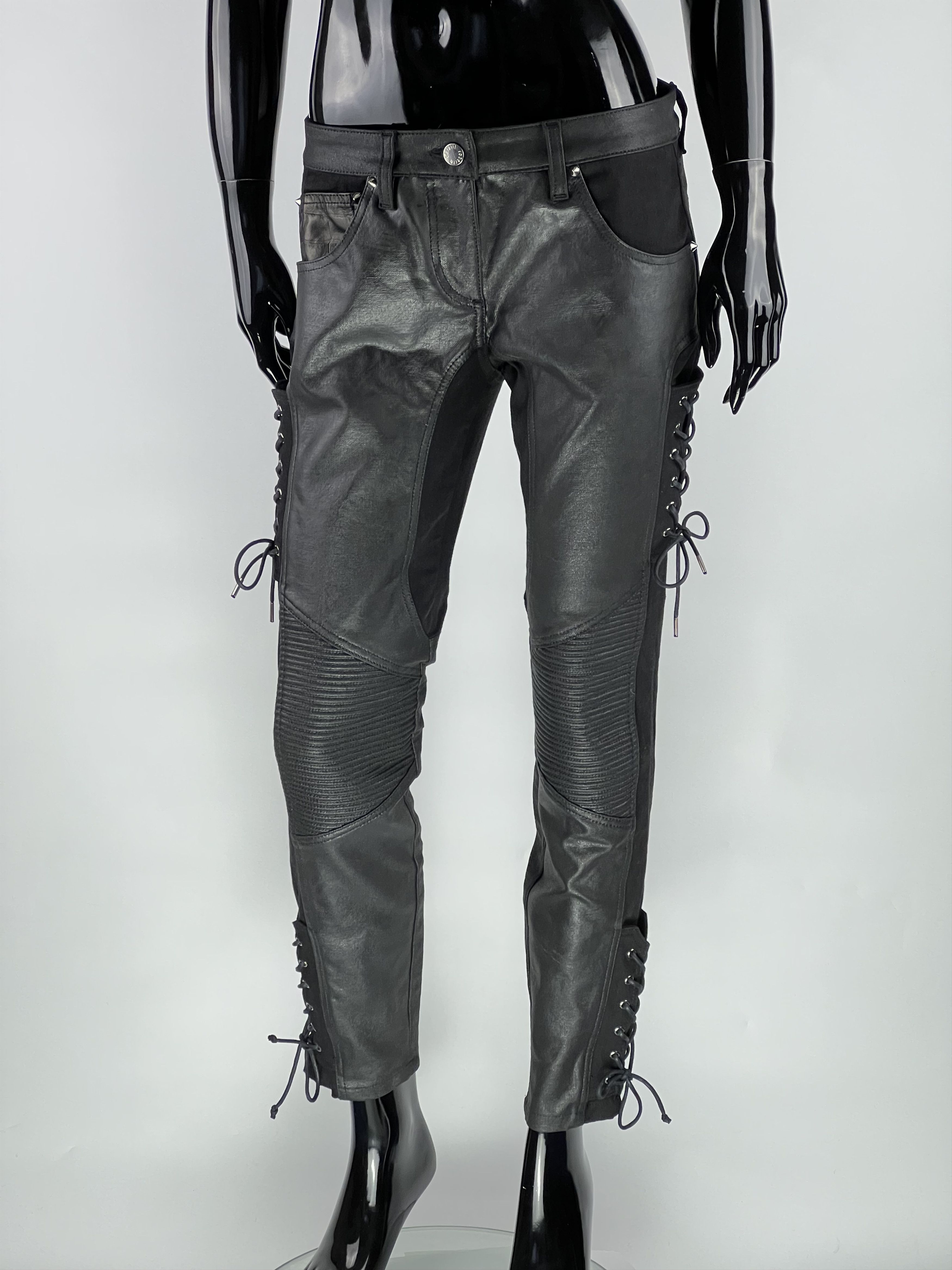 Lace Up Leather Pockets Croco Print Waxed Pants Size IT42