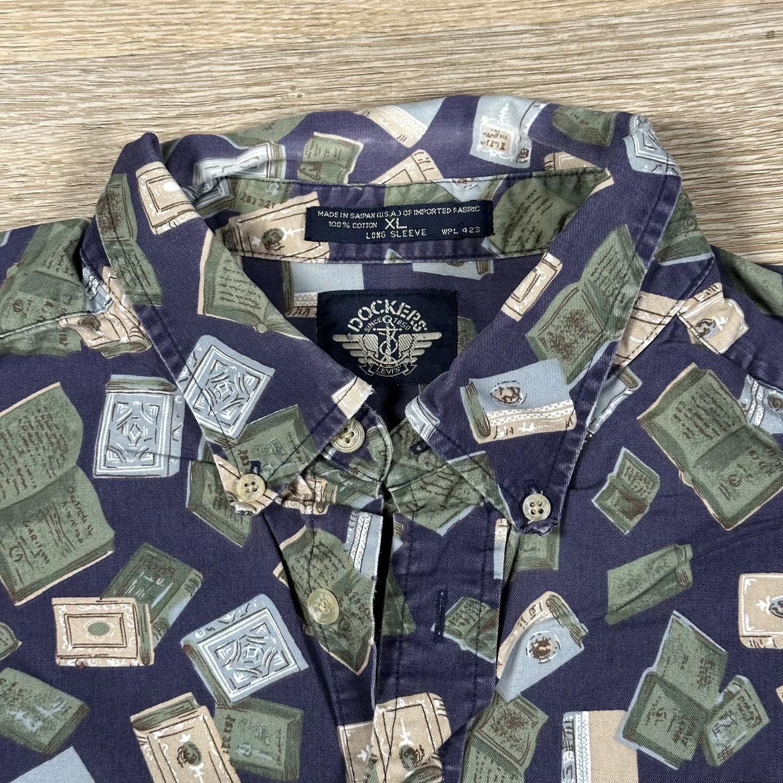 Dockers Dockers Mens Button Up Shirt XL Navy Green Book Print Size US XL / EU 56 / 4 - 3 Thumbnail