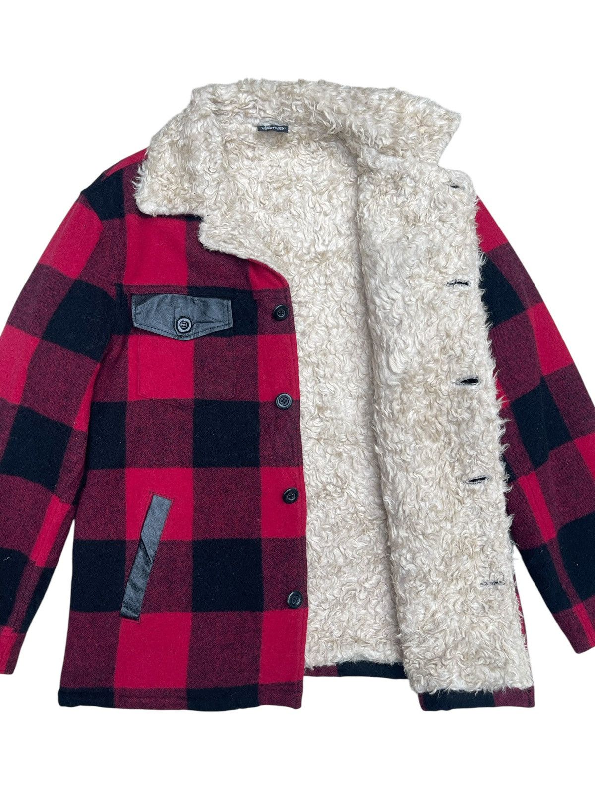 Vintage Sherpa Lined Buffalo Plaid Jacket Leather Pocket Light Jackets
