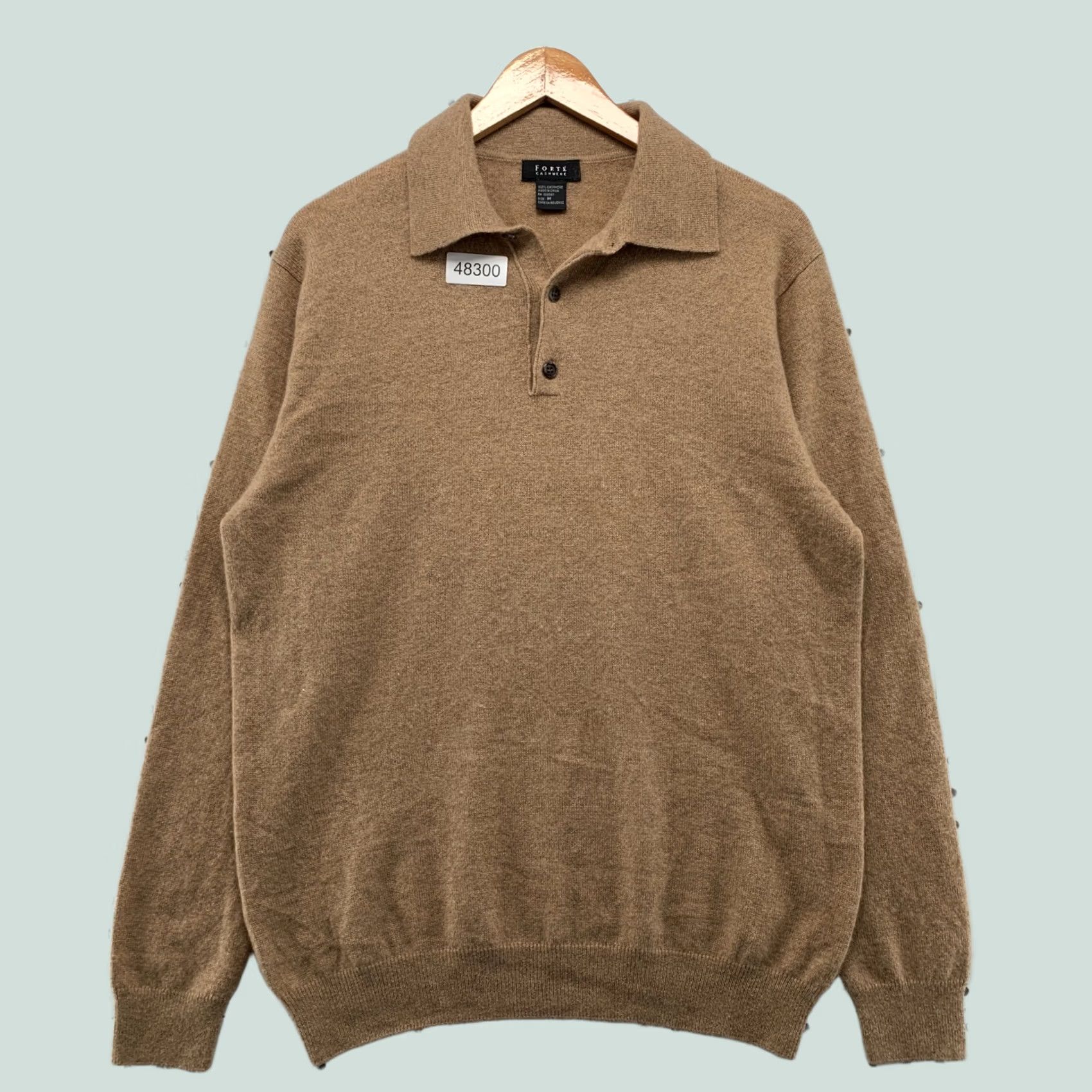 Vintage Forte Cashmere Mens Polo Sweater M Camel Brown 100% Cashmere Long Sleeve Size US M / EU 48-50 / 2 - 1 Thumbnail