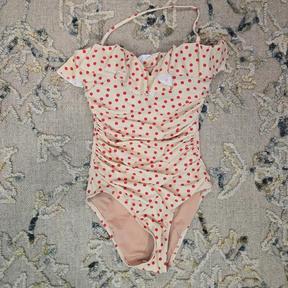 J.Crew Ruched One-Piece Swimsuit with Ruffles in Red Dot Print Size ONE SIZE - 1 Thumbnail