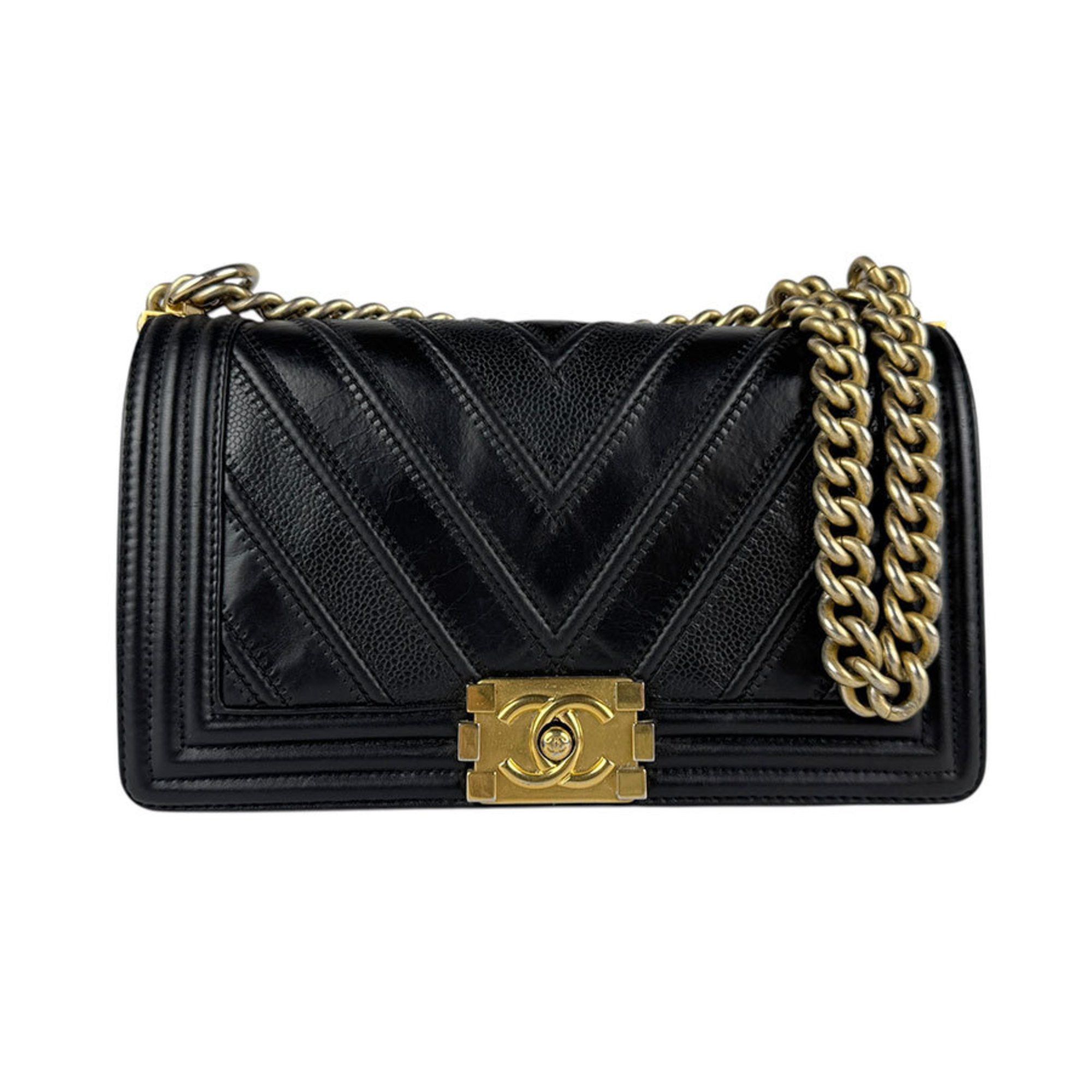 Chanel Shoulder Bag Boy Chanel Leather Metal Black Gold Women's Z4853