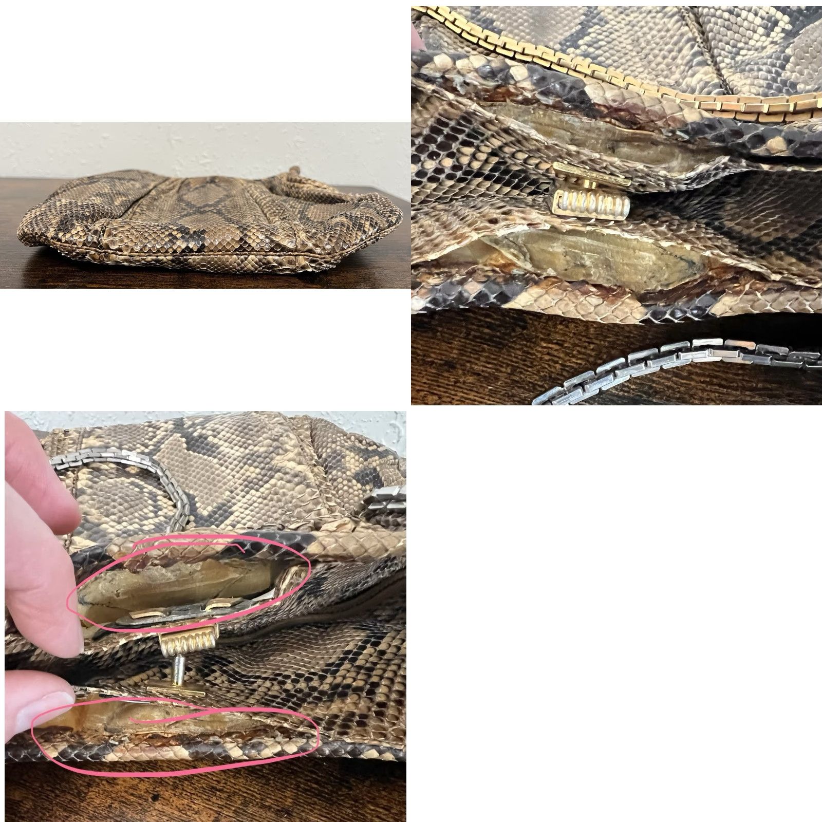Judith Leiber VINTAGE Judith Leiber Snake Skin Shoulder Bag Gold Silver Chain Strap Women's Medium Tan Brown Gold Snake 70s 80s Evening Day Size ONE SIZE - 9 Thumbnail