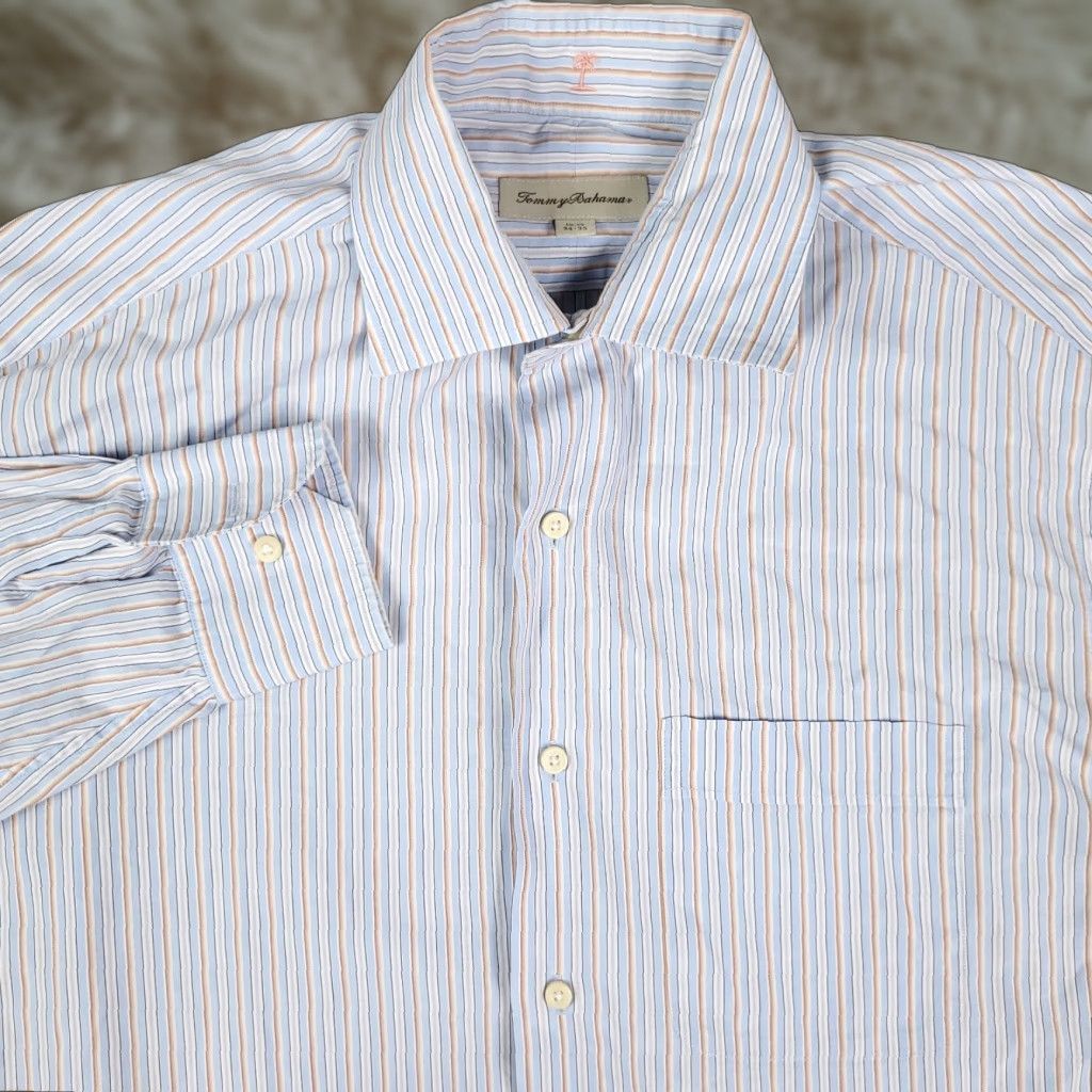 Tommy Bahama VINTAGE Tommy Bahama Dress Shirt Blue Striped 15.5 34/35 Long Sleeve Button Front Shirt Mens Regular 100% Cotton Size 40R - 1 Thumbnail