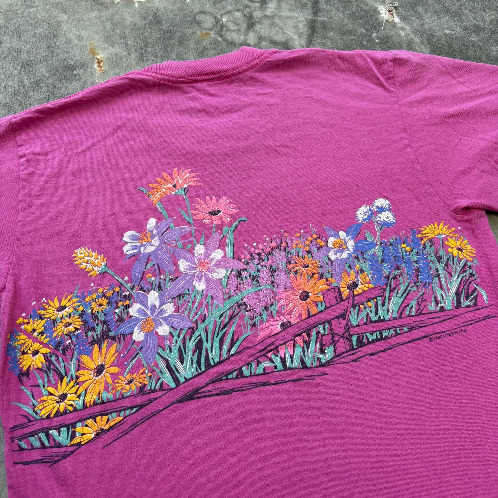 Anvil Vintage 90s Pink Flower Floral Wrap Around Graphic Shirt Size M / US 6-8 / IT 42-44 - 7 Thumbnail