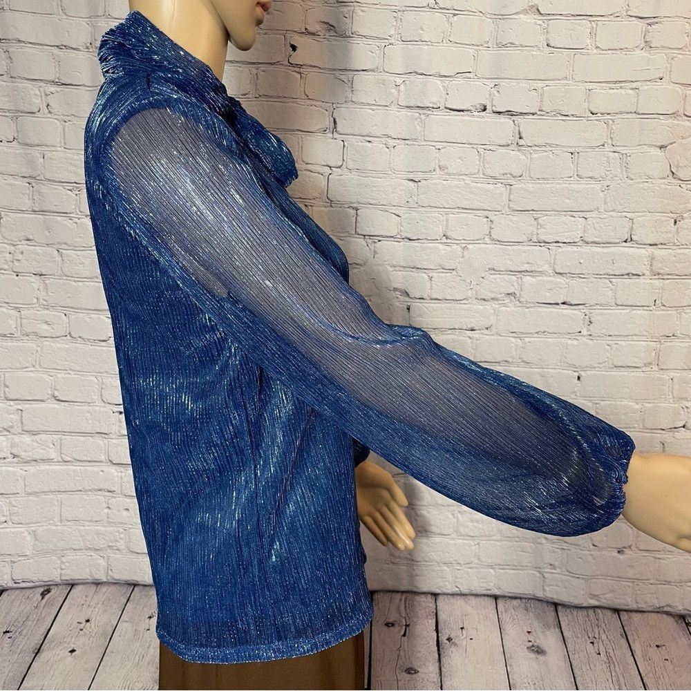 Other NWT New Cable & Gauge Blue Metallic Long Sleeve Tie Neck Bl Size XS / US 0-2 / IT 36-38 - 2 Thumbnail