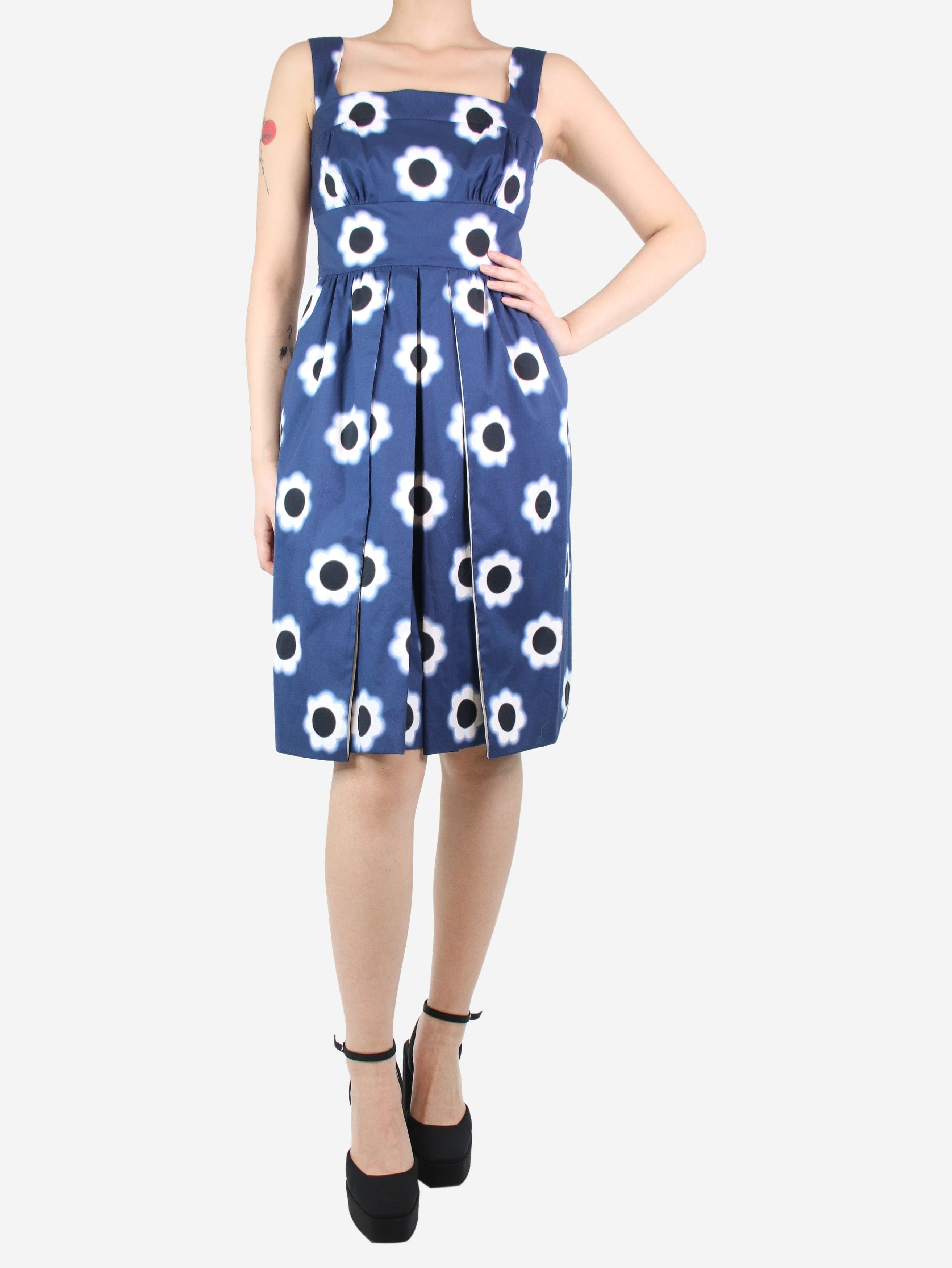 image of Prada Dark Blue Floral Pleated Dress - Size Uk 8, Women's