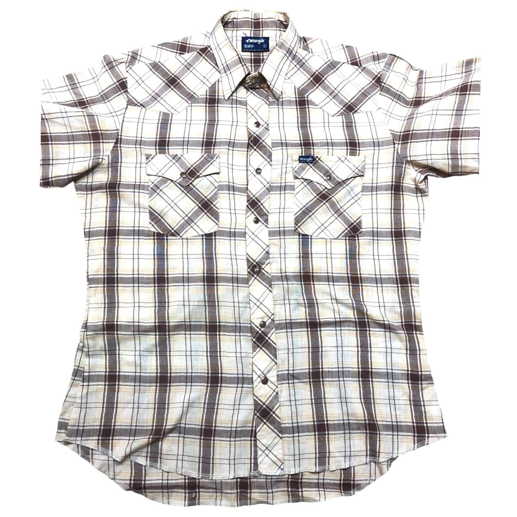Wrangler VINTAGE Wrangler Shirt Mens L Brown Tan Plaid Pearl Snap Long Sleeve CowBoy Western Retro 80s 70s 60s Pockets Logo Cotton Blend Size US L / EU 52-54 / 3 - 2 Thumbnail