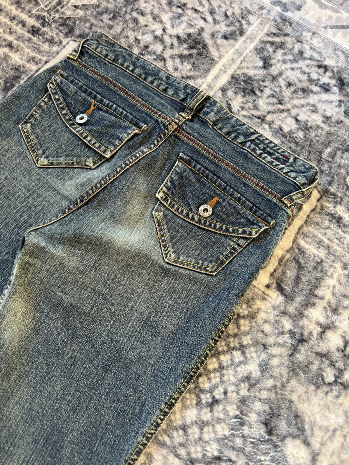 Le Grande Bleu (L.G.B.) Happy Face Contrast Stitch Whiskered Bootcut Flared Jeans Size US 28 / EU 44 - 14 Thumbnail
