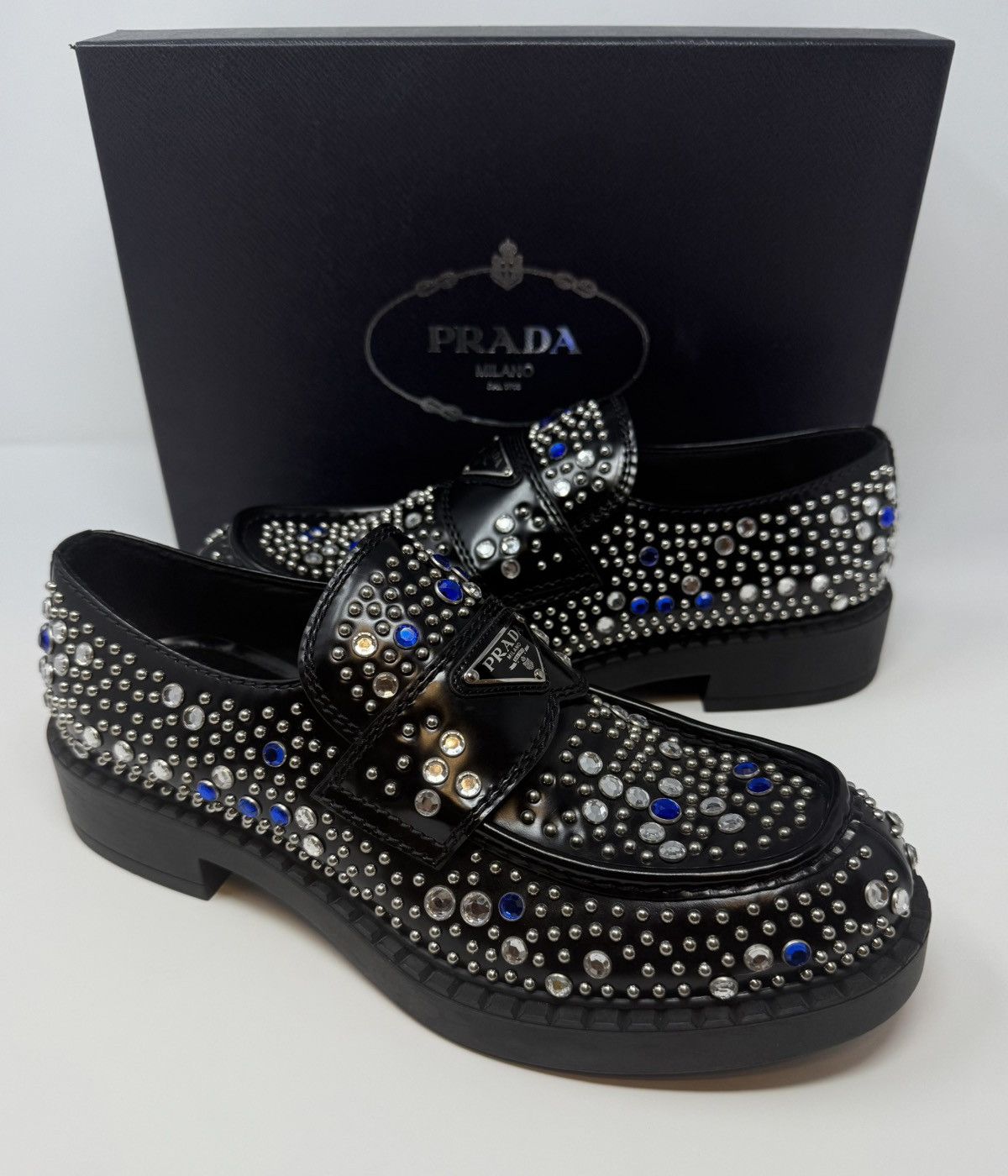 Prada Rhinestone Embellished Leather Loafer