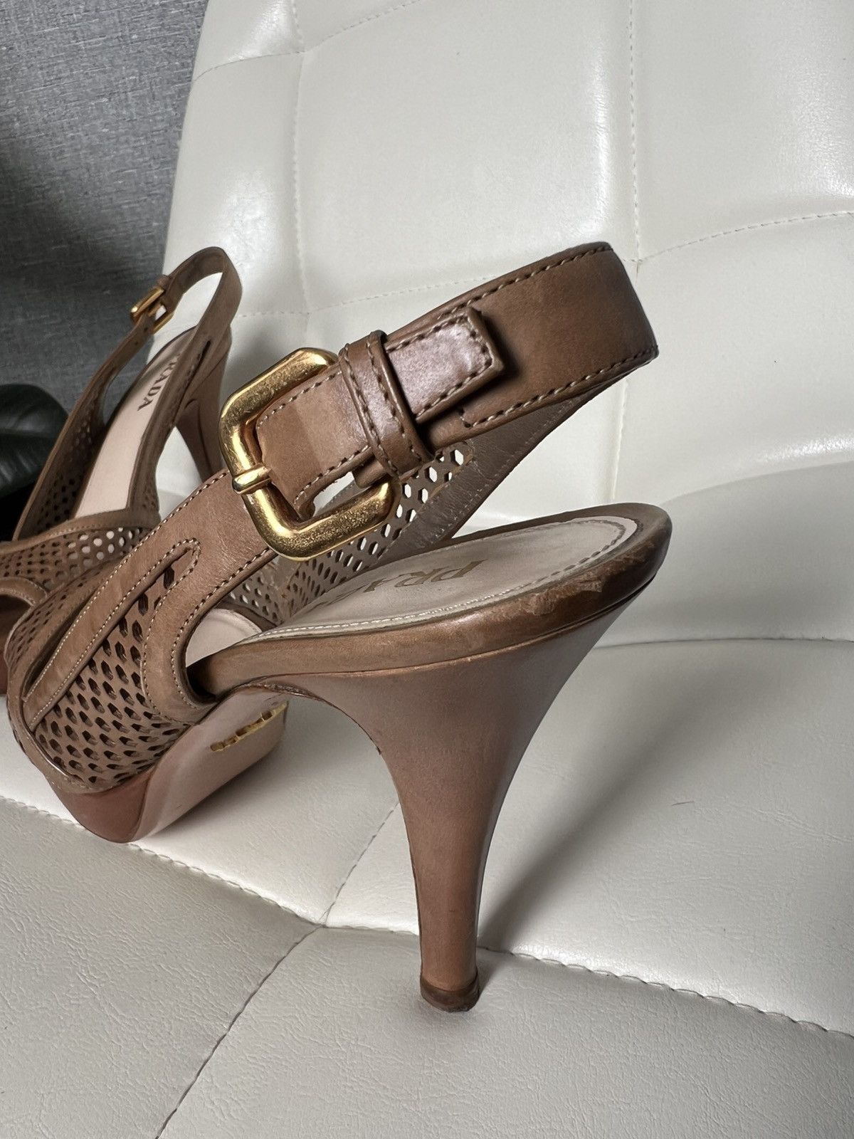 Prada Prada Brown Leather Cutout Peep Toe Slingback Platform Heels Size US 7.5 / IT 37.5 - 5 Thumbnail