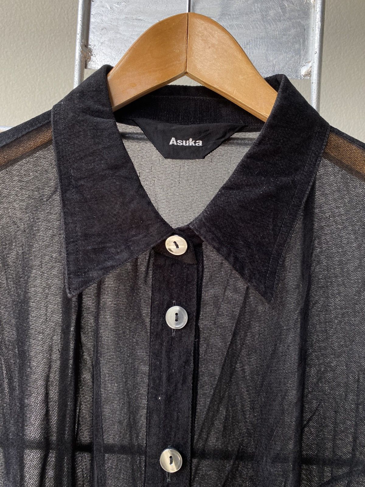Designer Asuka Black Sheer Velvet Shirt. Size L / US 10 / IT 46 - 8 Thumbnail