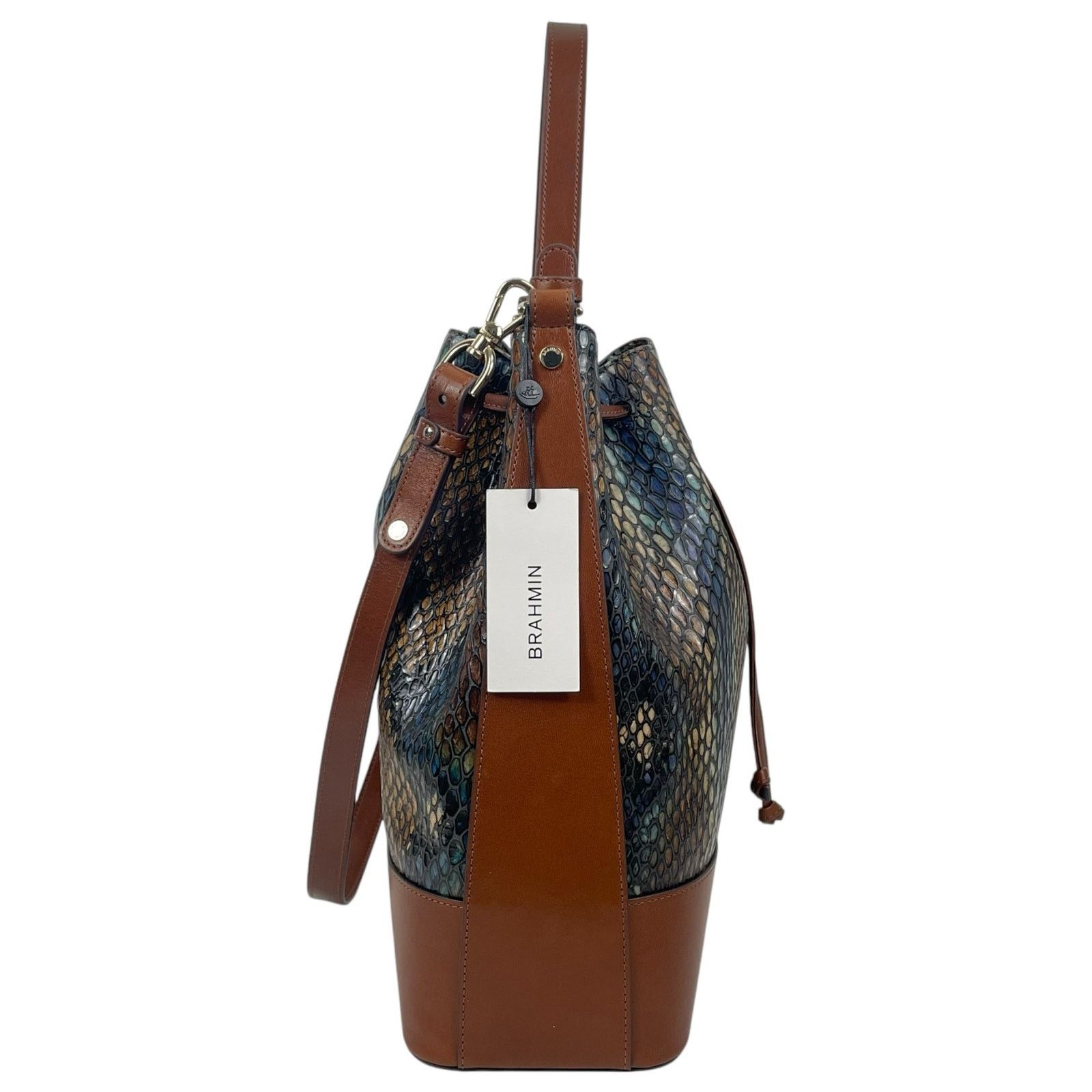 BRAHMIN Brahmin Marlowe Embossed Leather Bucket Bag Bottle Blue Size ONE SIZE - 5 Thumbnail