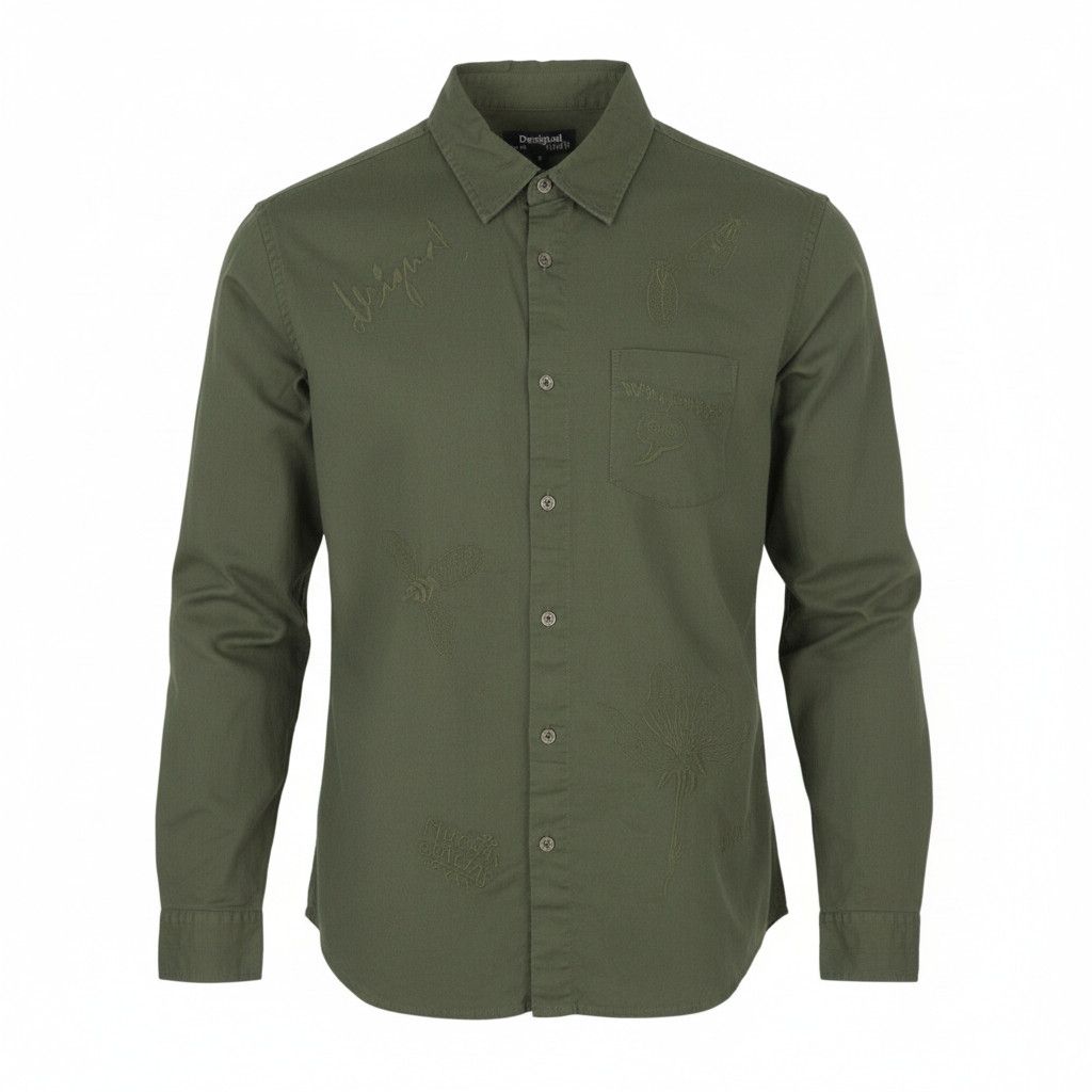 Desigual CAM MARCOS M Khaki Green Embroidered Shirt 88974 Size US M / EU 48-50 / 2 - 1 Thumbnail